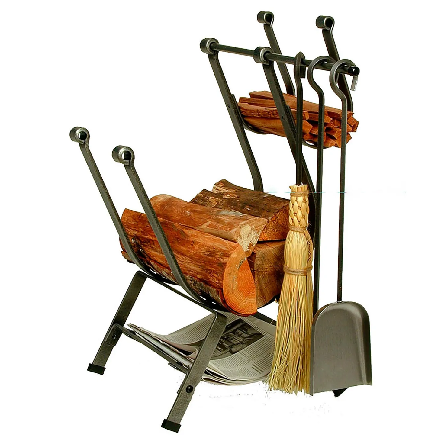 Fireplace Tool Sets | Wood Storage & Wood Racks>Plow & Hearth American-Made Hammered Steel Front-Loading Log Rack with Set Of 3 Tools