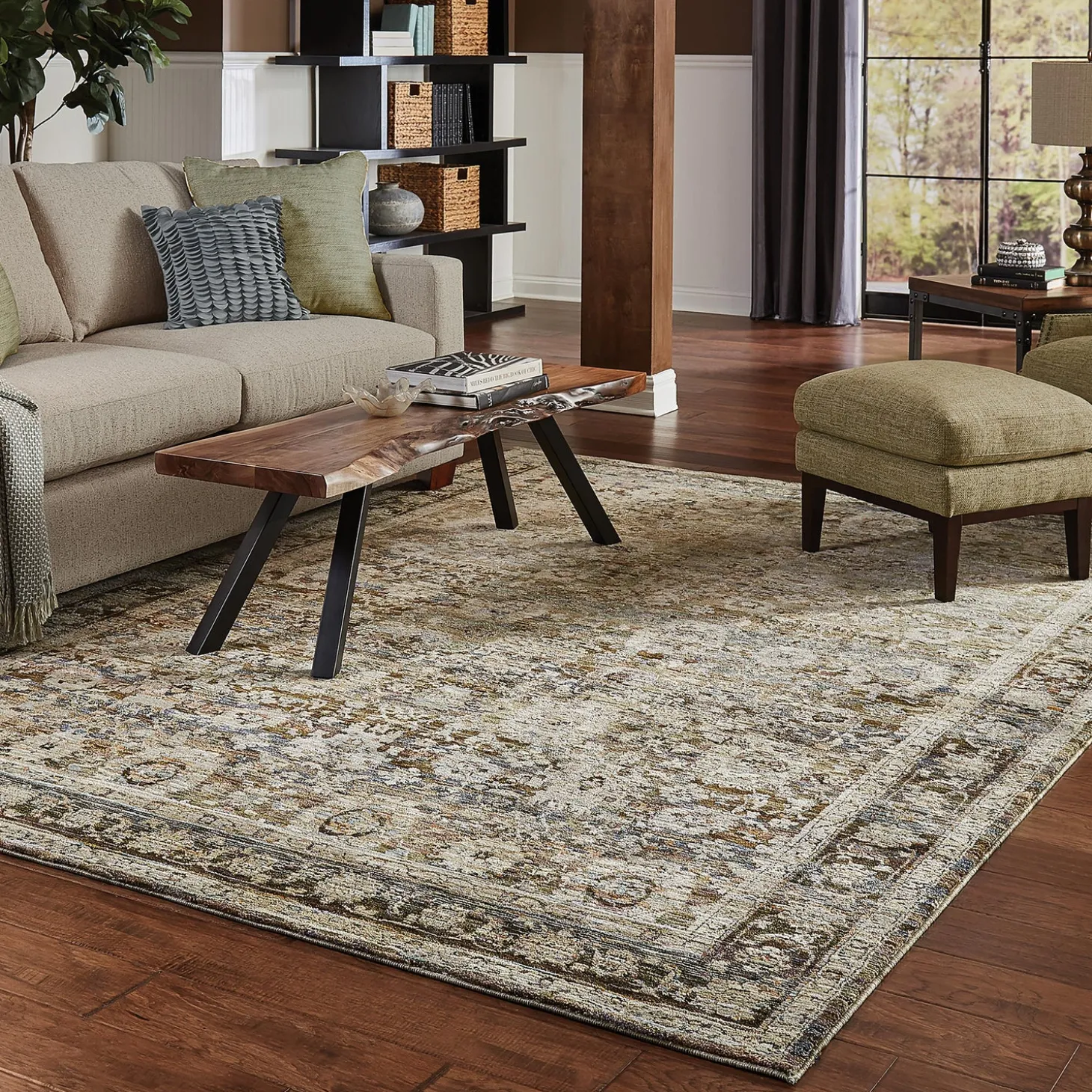 Area Rugs>Plow & Hearth Ashland Evening Synthetic Blend Indoor Border Rug, 6'7" x 9'6" Green