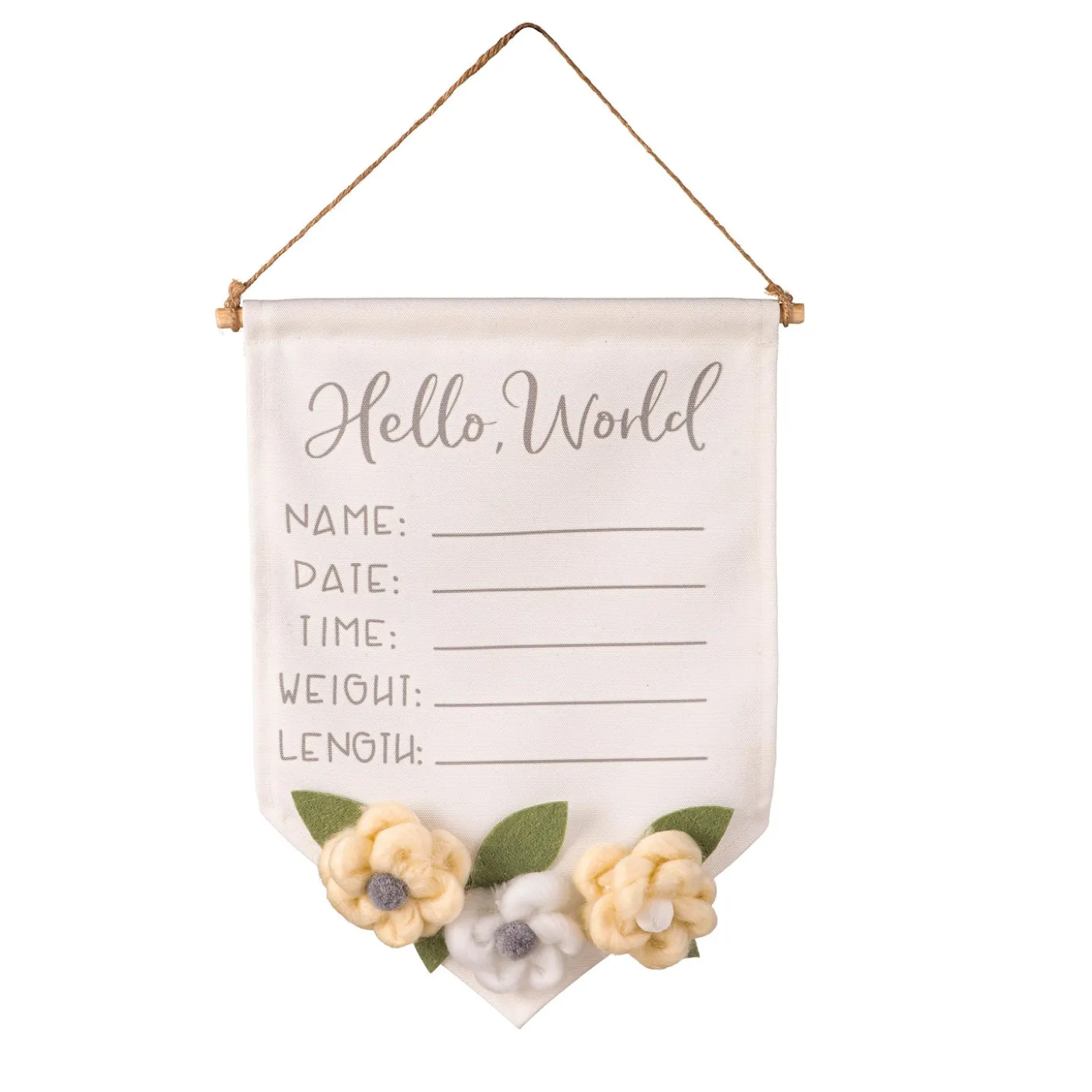 Decorative Accents>Plow & Hearth Baby Hello World Burlap Hanging Decor with Felt Flowers, 14"