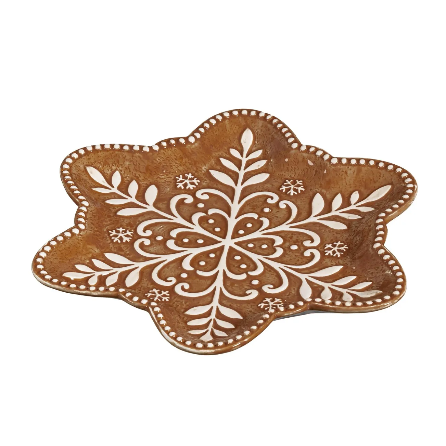 Plates & Platters>Plow & Hearth Baking Spirits Bright Plate Gingerbread Snowflake Shaped Embossed Ceramic Salad Plate, 9"