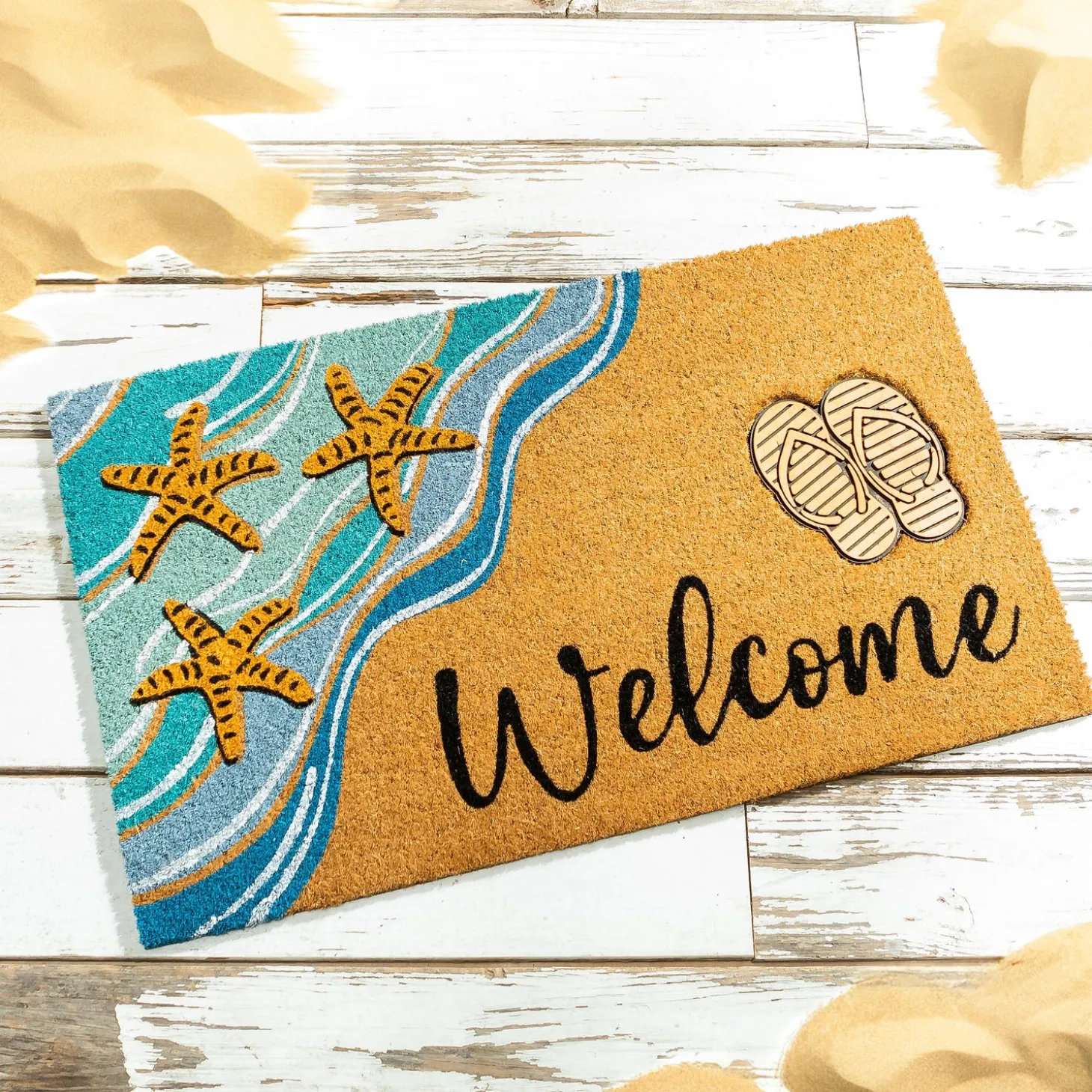 Coir Mats>Plow & Hearth Beach Vibes Only Coir Mat with Rubber Embossed Flip Flops
