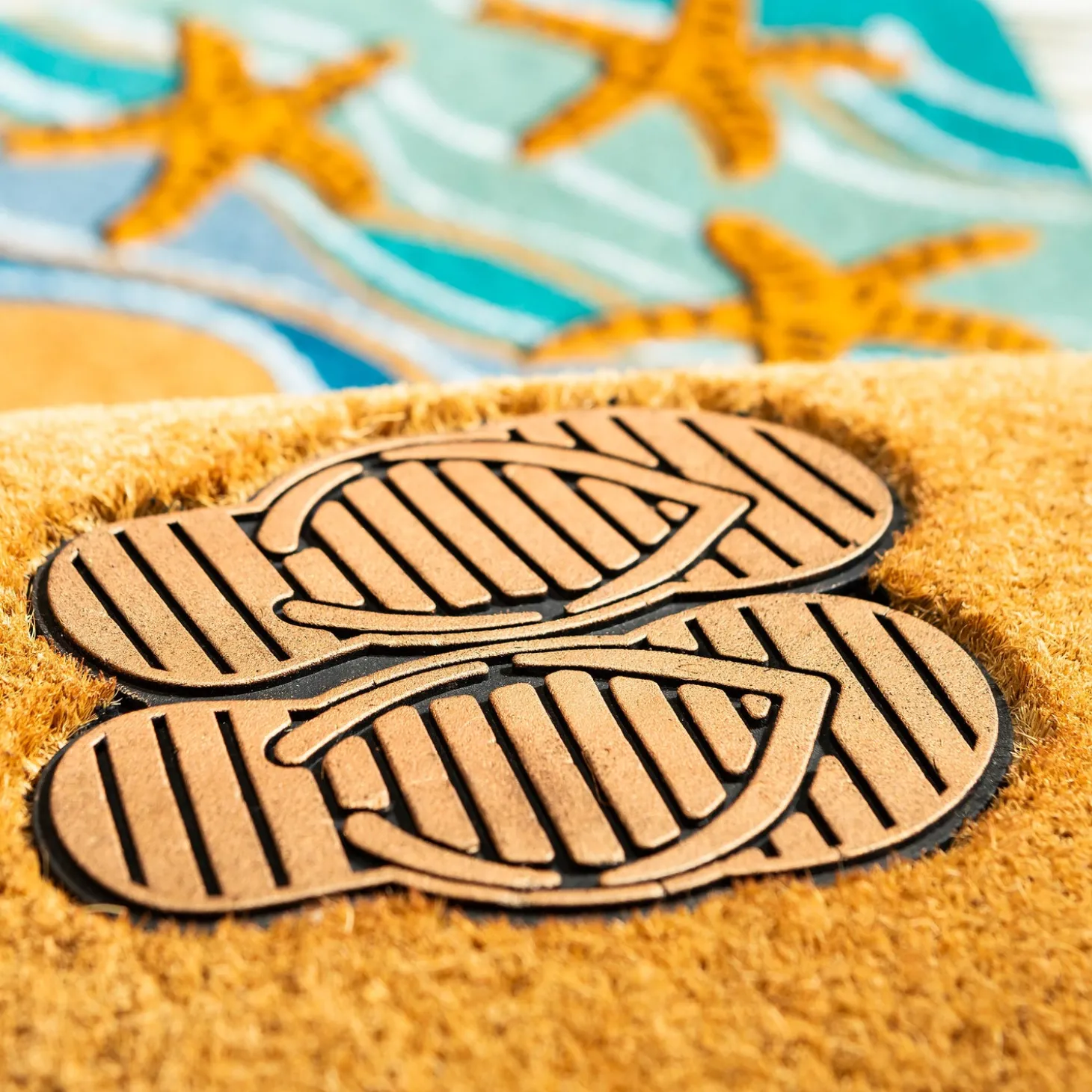 Coir Mats>Plow & Hearth Beach Vibes Only Coir Mat with Rubber Embossed Flip Flops