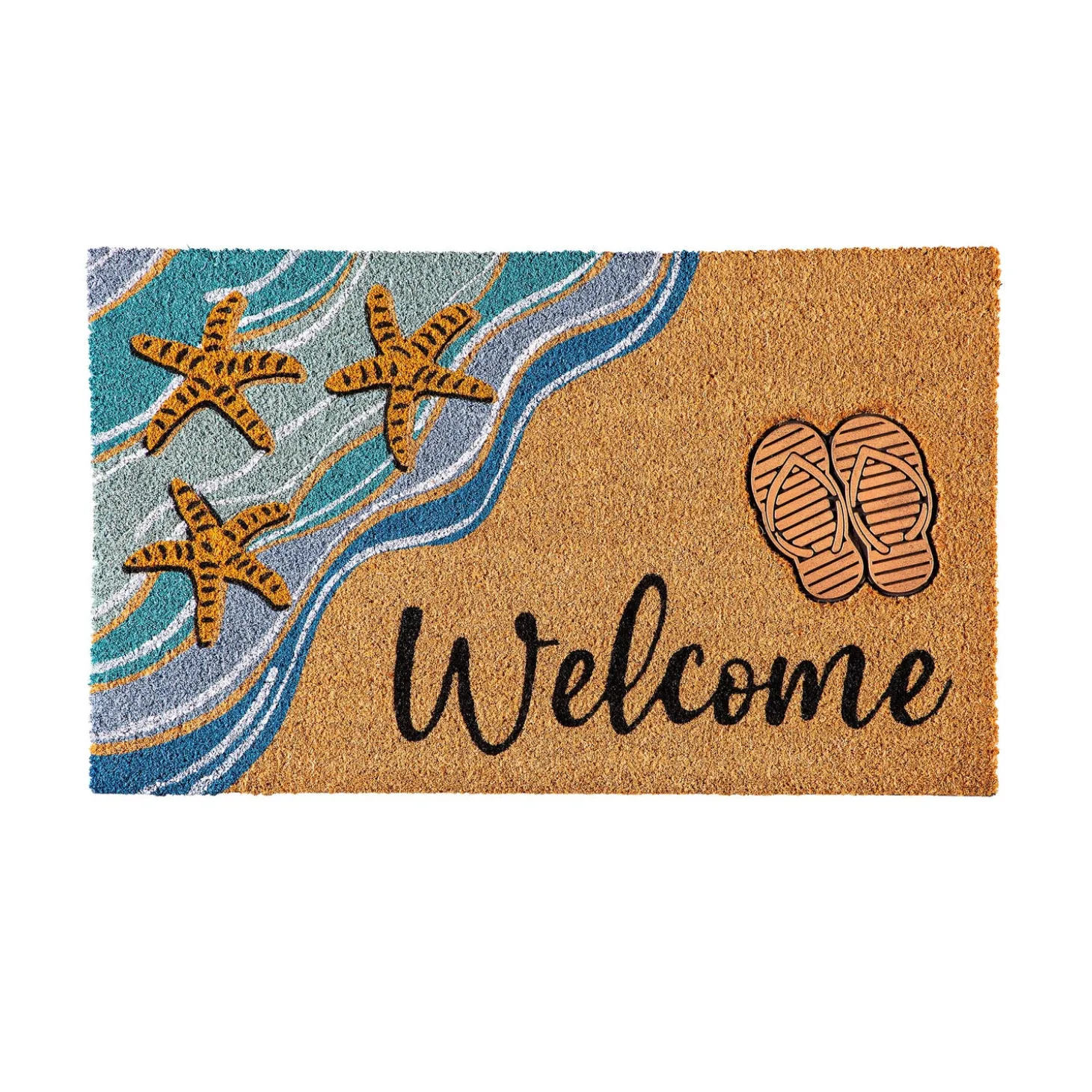 Coir Mats>Plow & Hearth Beach Vibes Only Coir Mat with Rubber Embossed Flip Flops