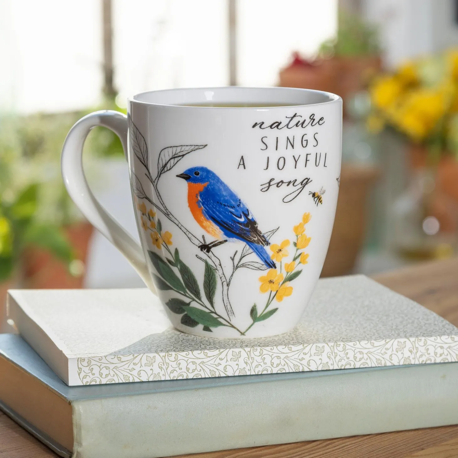 Coffee & Tea Cups>Plow & Hearth Bird Greenhouse Retreat Bluebird Ceramic Cup O' Java, 17oz, Gift Box