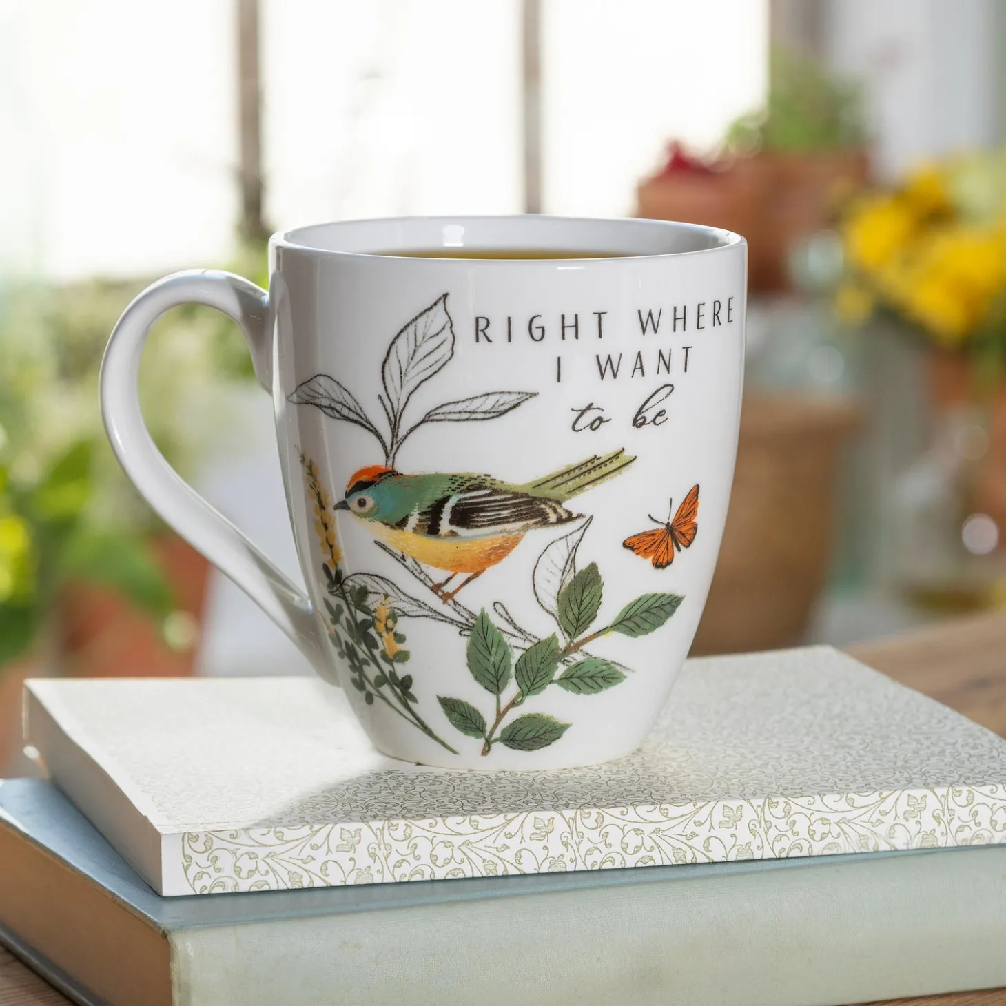 Coffee & Tea Cups>Plow & Hearth Bird Greenhouse Retreat Ruby Browned Kinglet Ceramic Cup O' Java, 17oz, Gift Box