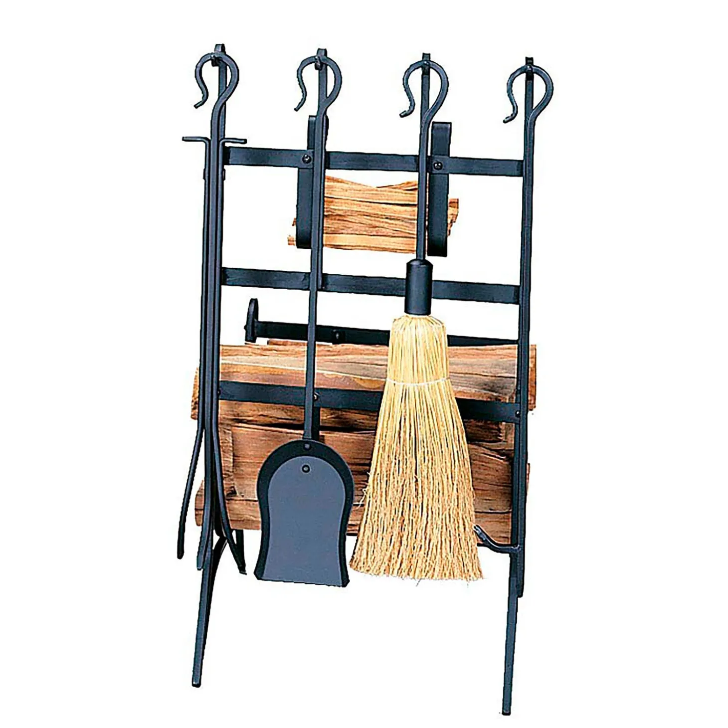 Fireplace Tool Sets | Wood Storage & Wood Racks>Plow & Hearth Wrought Iron Log Rack With Tools And Fatwood Rack Black