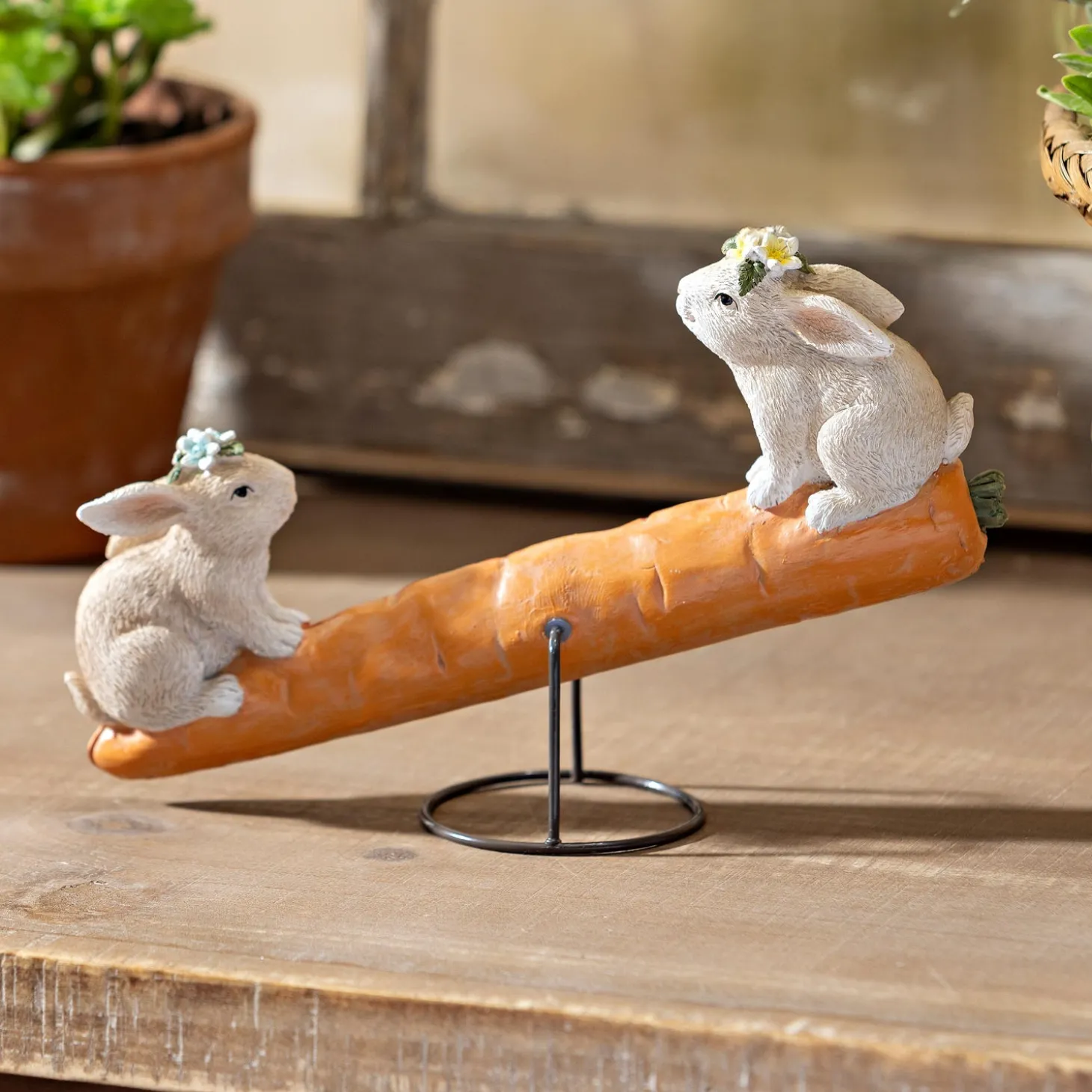 Decorative Accents>Plow & Hearth Bunnies on Carrot Seesaw Resin Table Decor, 8"L