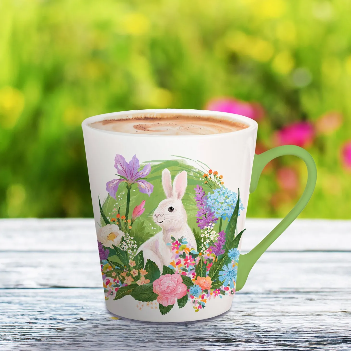 Coffee & Tea Cups>Plow & Hearth Bunny In Bloom Vingette Ceramic Flare Cup, 12oz, Gift Box