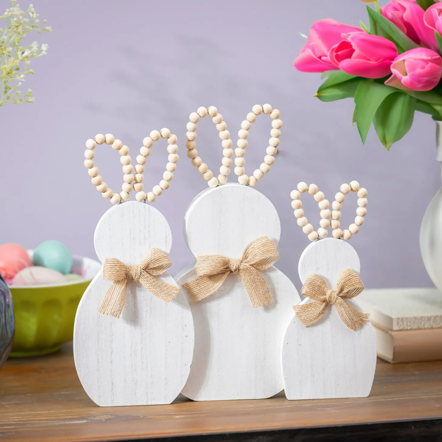 Decorative Accents>Plow & Hearth Bunny Trio with Beaded Ears Wood Table Decor, 11.25"L