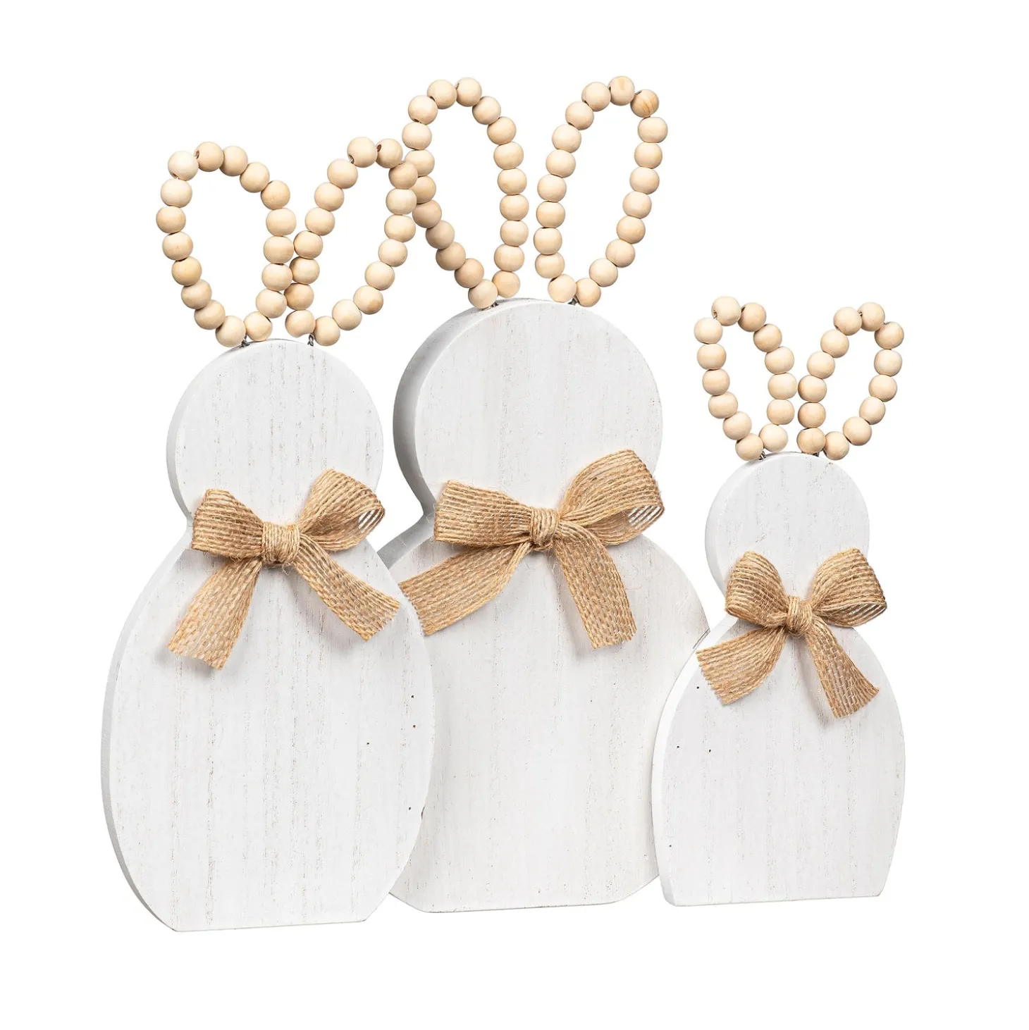 Decorative Accents>Plow & Hearth Bunny Trio with Beaded Ears Wood Table Decor, 11.25"L