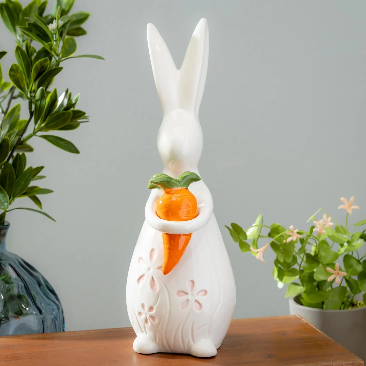 Decorative Accents>Plow & Hearth Bunny with Carrot Ceramic Table Decor, 12.5"H