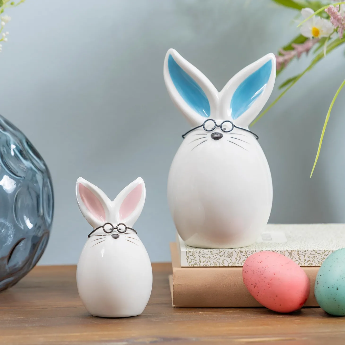 Decorative Accents>Plow & Hearth Bunny with Glasses Ceramic Table Decor Set