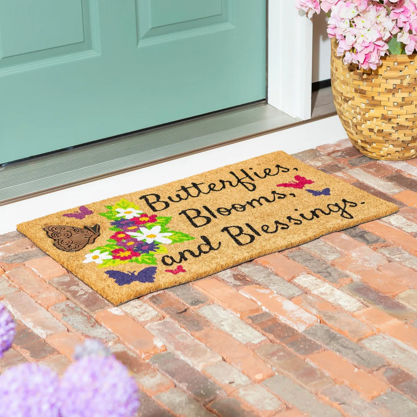 Coir Mats>Plow & Hearth Butterflies, Blooms, and Blessings Coir Mat with Rubber Embossed Butterfly