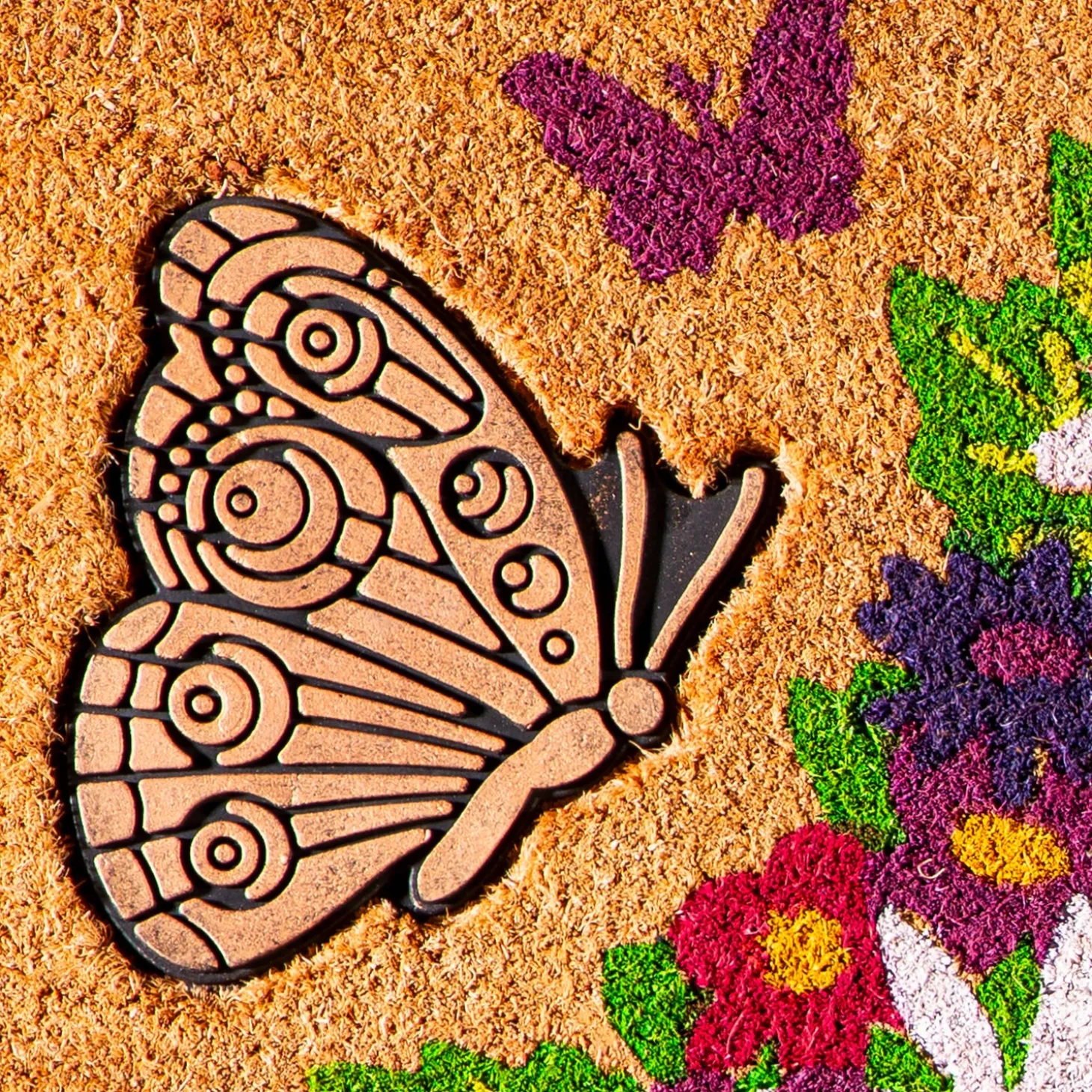 Coir Mats>Plow & Hearth Butterflies, Blooms, and Blessings Coir Mat with Rubber Embossed Butterfly