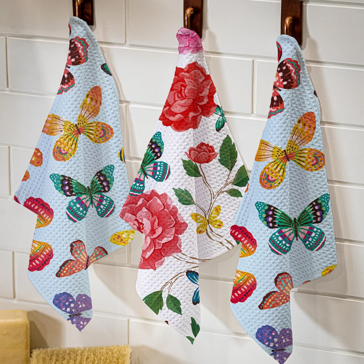 Kitchen Linens>Plow & Hearth Butterfly Toile Quick Dry Dish Cloth, Set of 3, 10" x 10"
