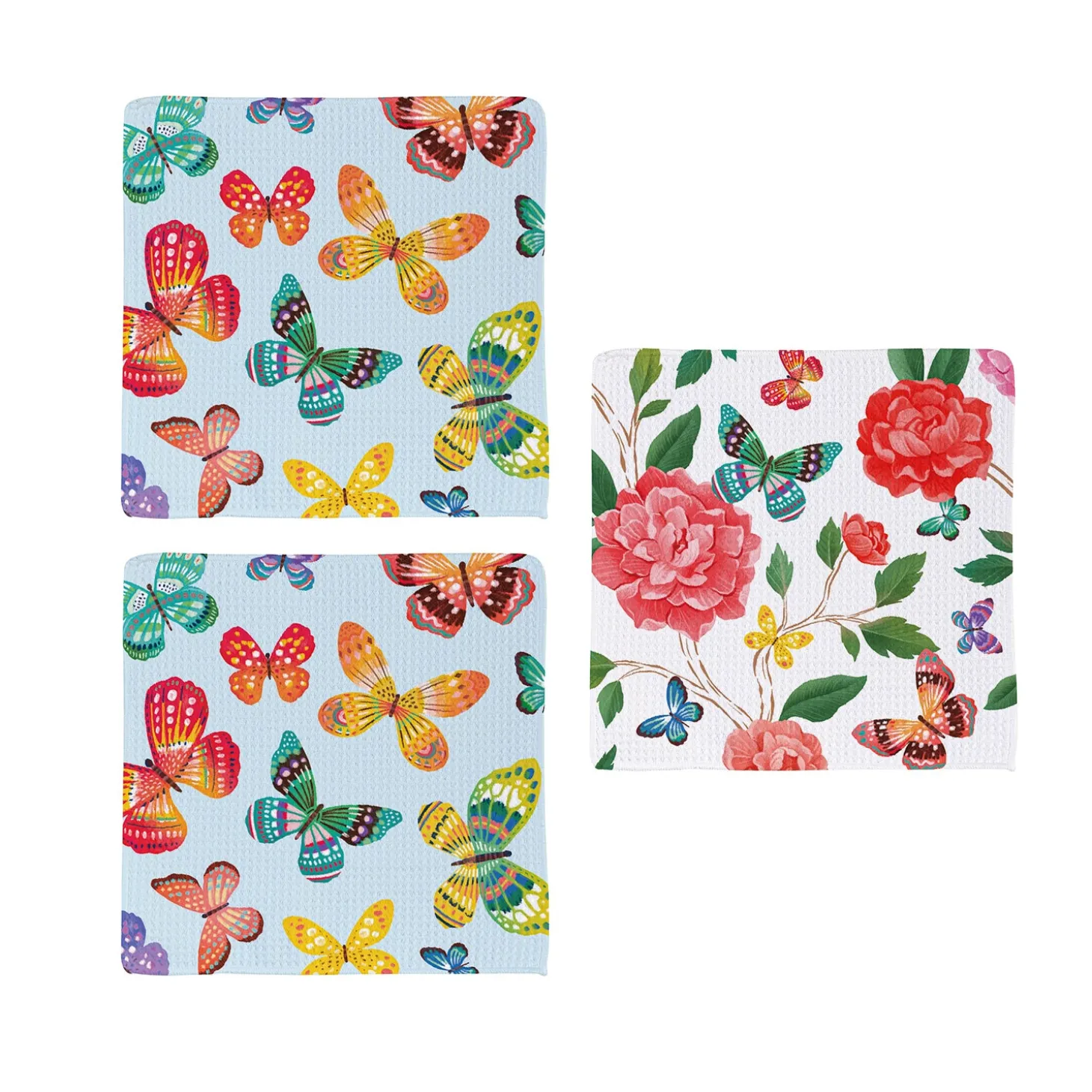 Kitchen Linens>Plow & Hearth Butterfly Toile Quick Dry Dish Cloth, Set of 3, 10" x 10"