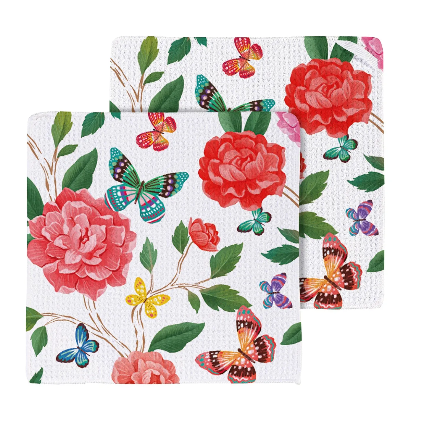 Kitchen Linens>Plow & Hearth Butterfly Toile Quick Dry Dish Cloth, Set of 3, 10" x 10"