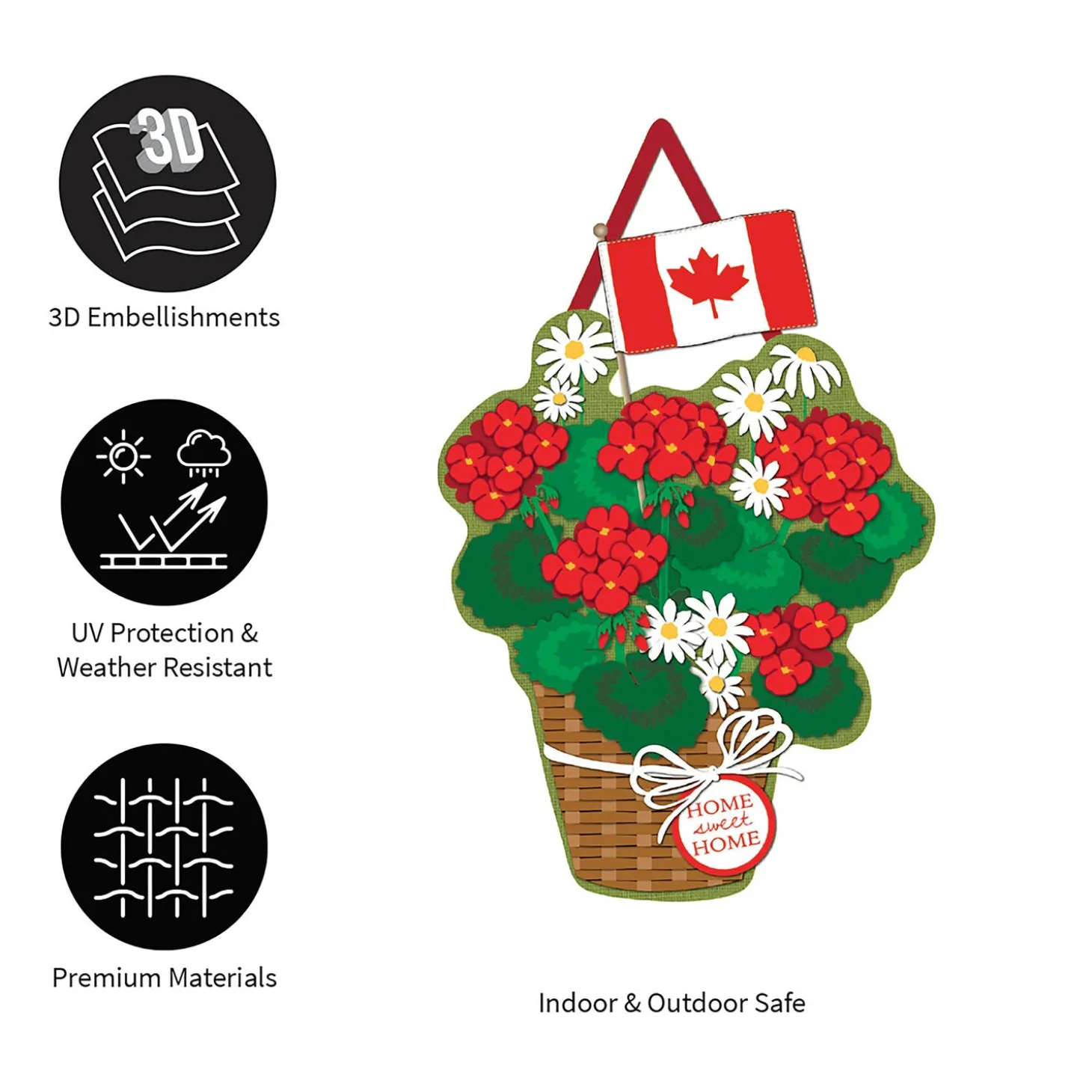Fabric Door Hangers>Plow & Hearth Canadian Patriotic Basket of Flowers Burlap Door Decor