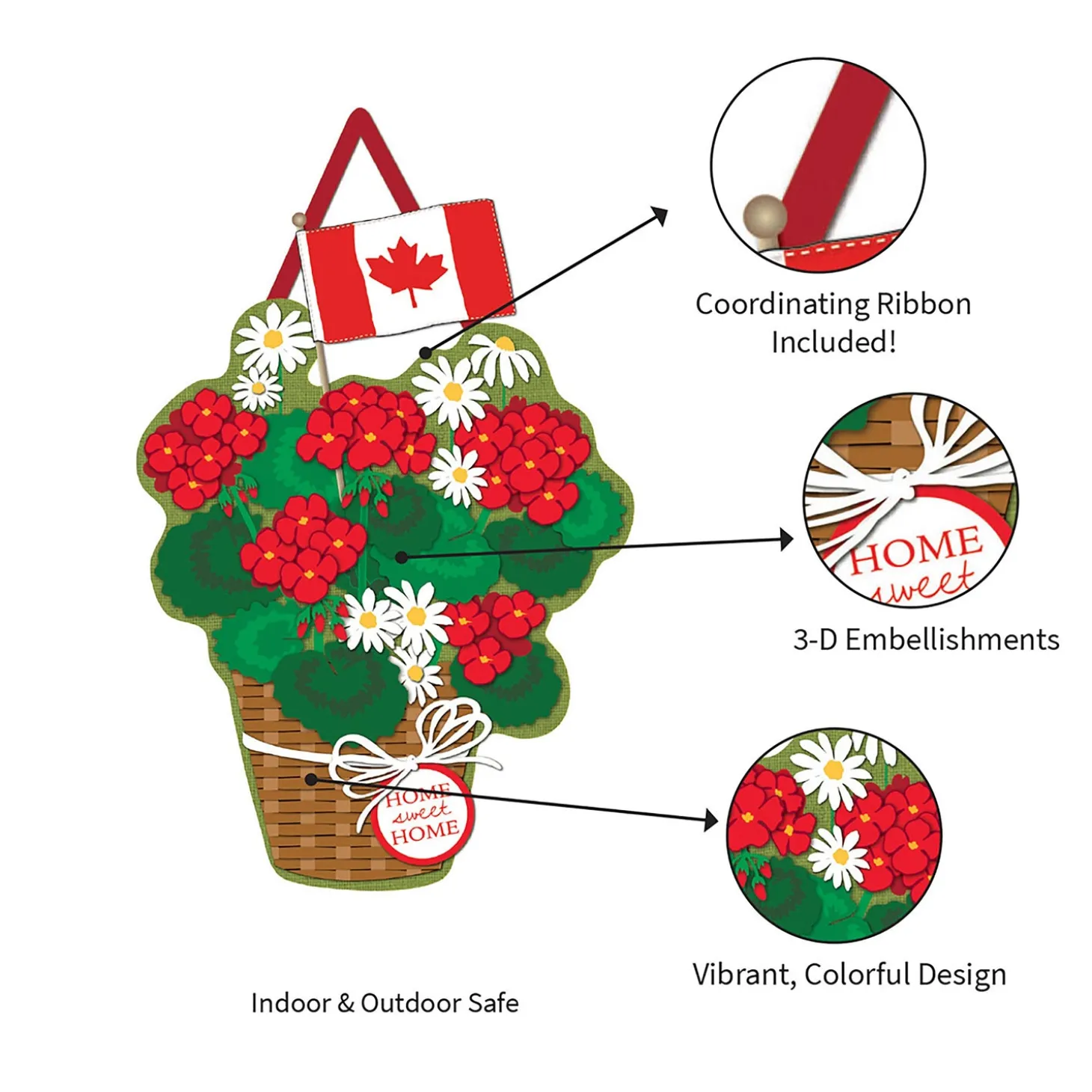 Fabric Door Hangers>Plow & Hearth Canadian Patriotic Basket of Flowers Burlap Door Decor