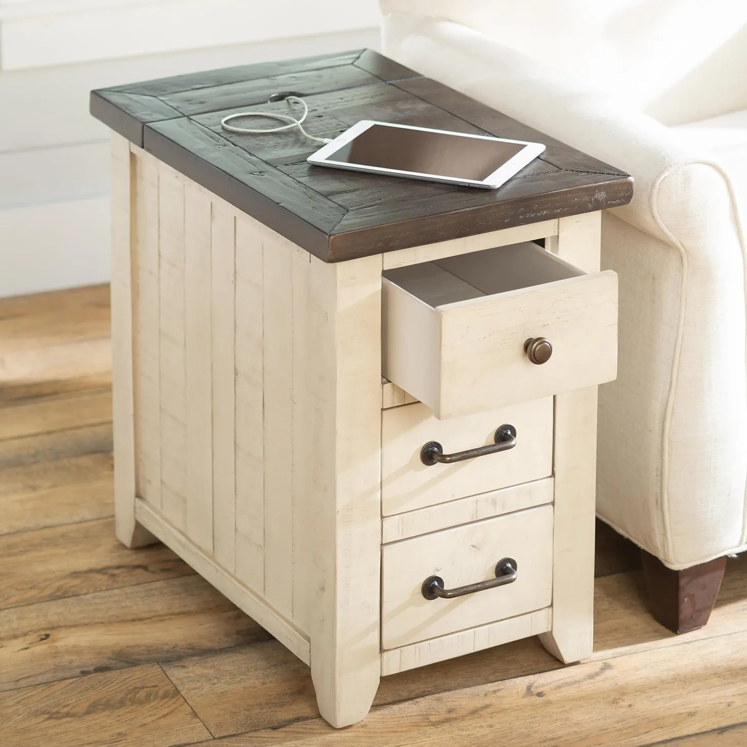 Accent Tables>Plow & Hearth Cape Charles Reclaimed Wood Power Station Side Table with USB Ports White