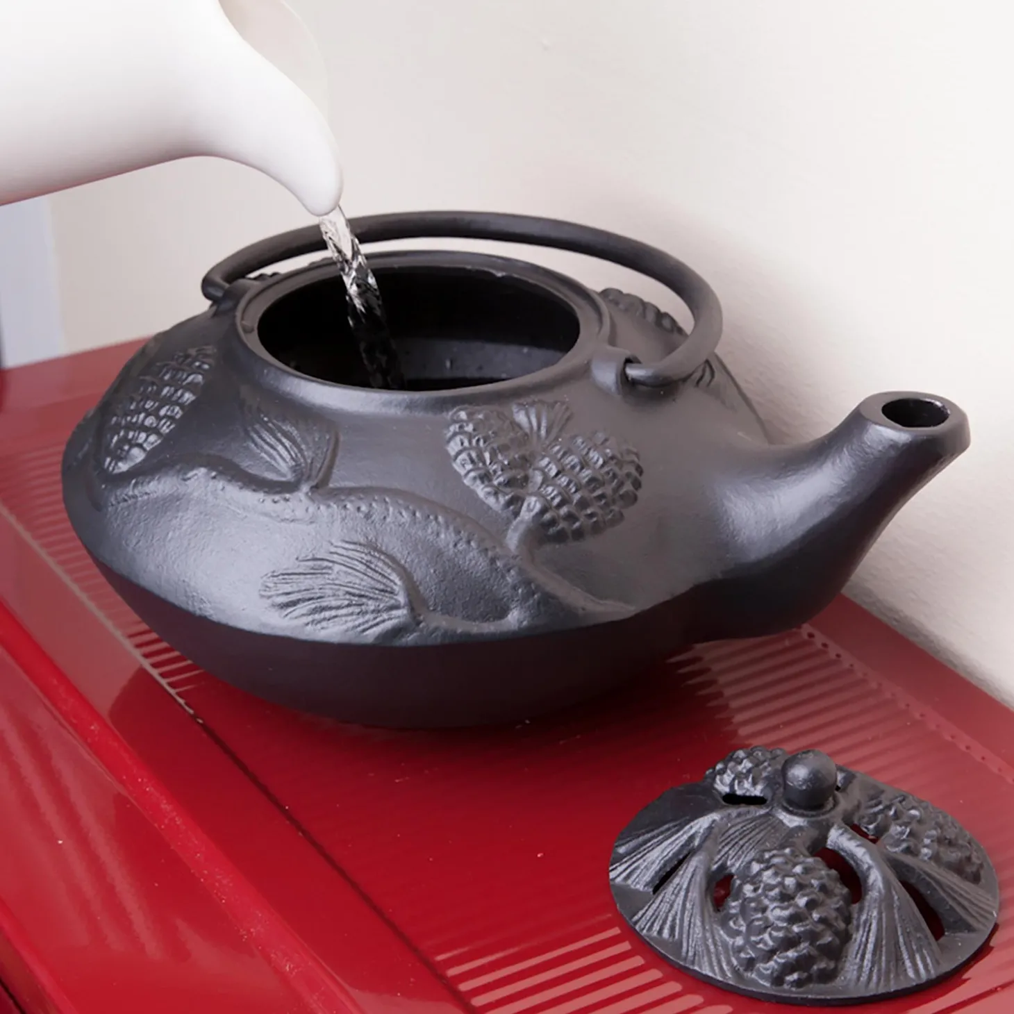 Woodstove Steamers>Plow & Hearth Cast Iron Wood Stove Kettle Steamer with Pine Cone Design Black