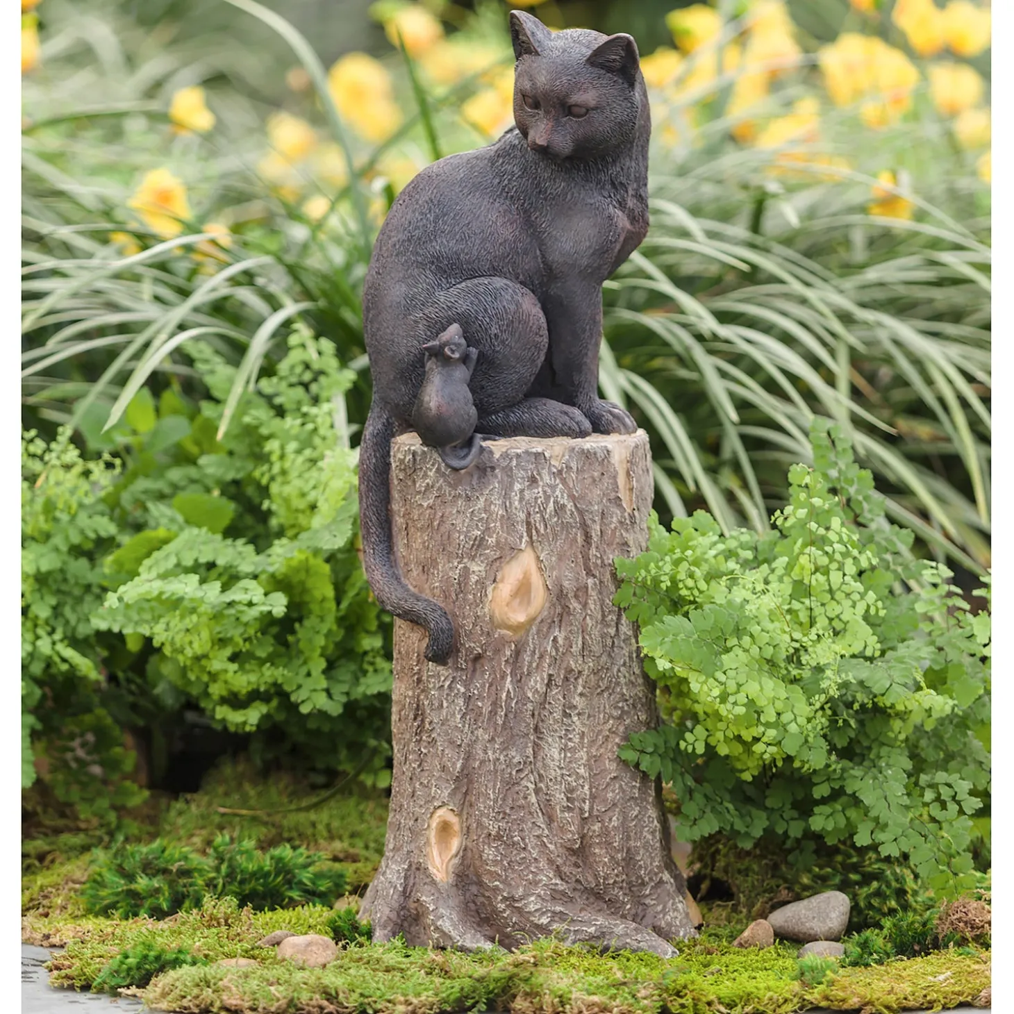 Garden Statues>Plow & Hearth Cat and Mouse on Stump Lawn Ornament