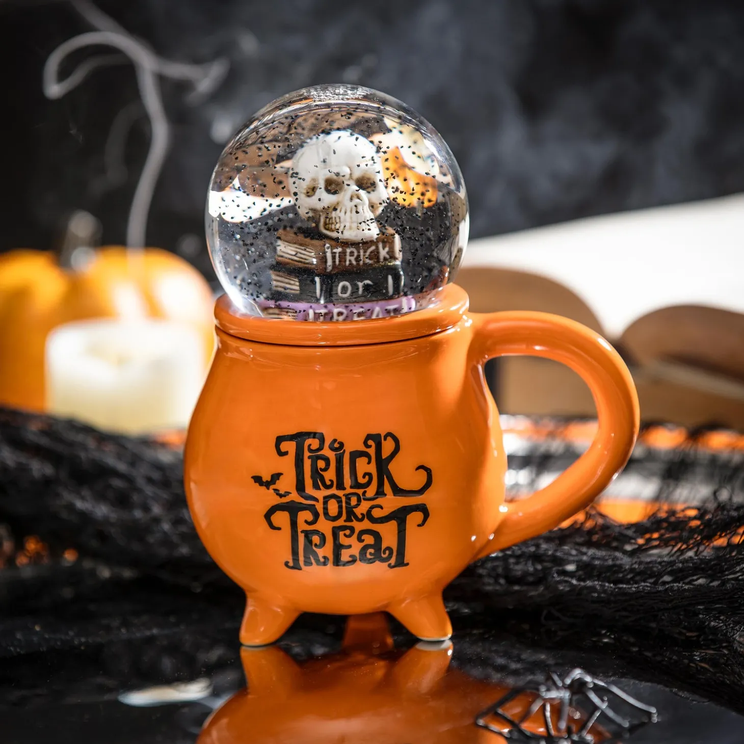 Coffee & Tea Cups>Plow & Hearth Ceramic Cup with Water Globe Topper w/ Gift Box, Trick or Treat Multi