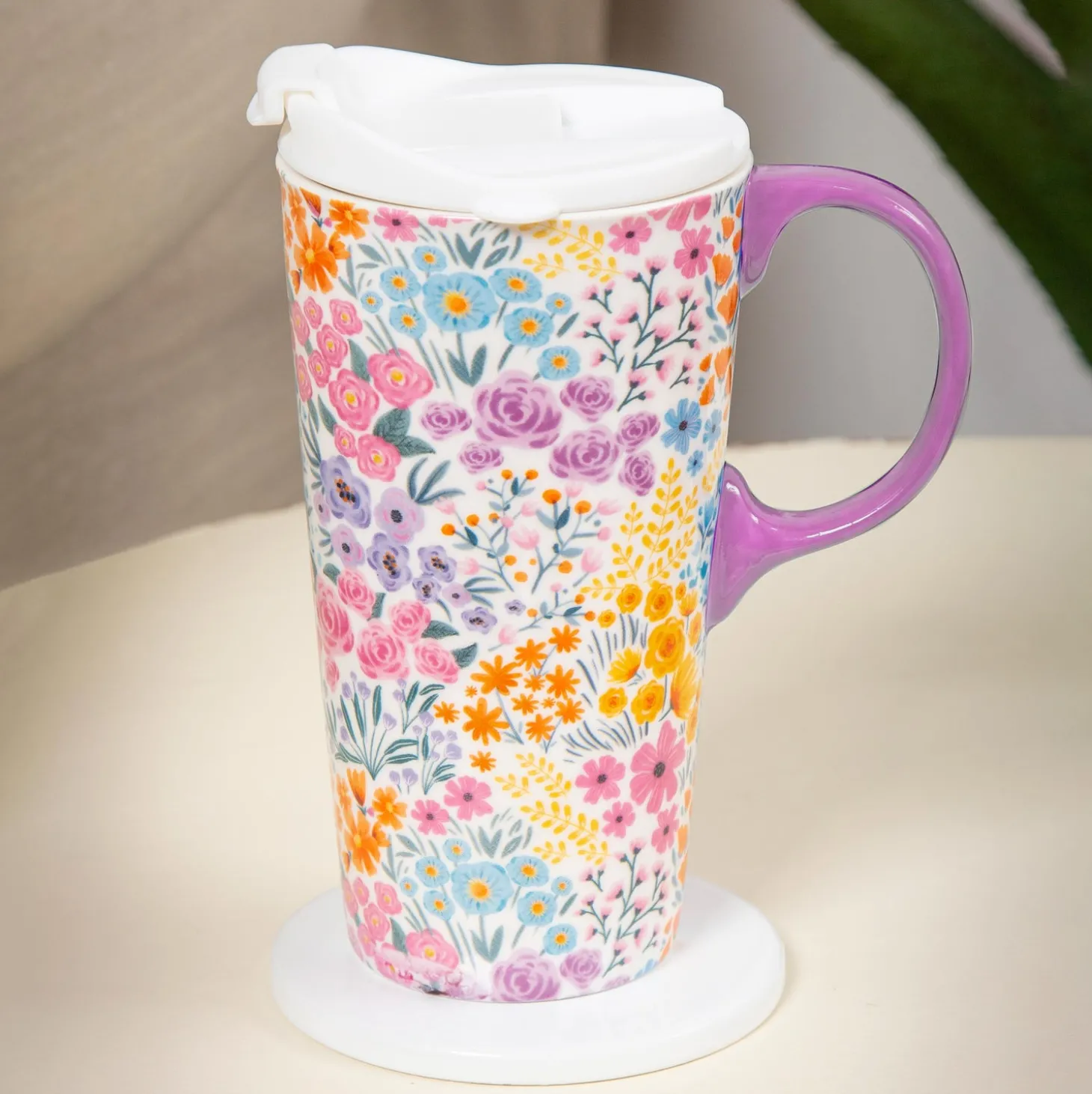 Travel Cups>Plow & Hearth Ceramic Perfect Travel Cup, 17 oz., w/ box, Multicolor Wildflowers