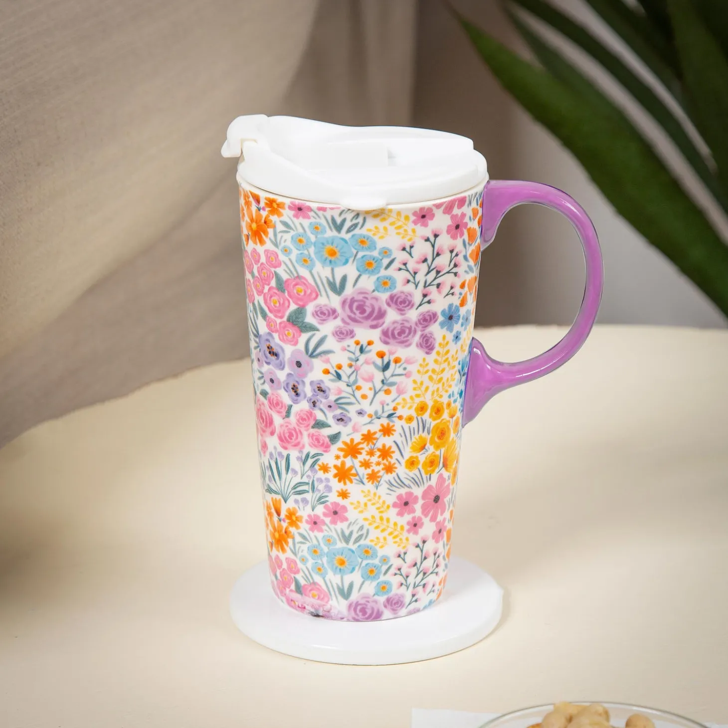 Travel Cups>Plow & Hearth Ceramic Perfect Travel Cup, 17 oz., w/ box, Multicolor Wildflowers