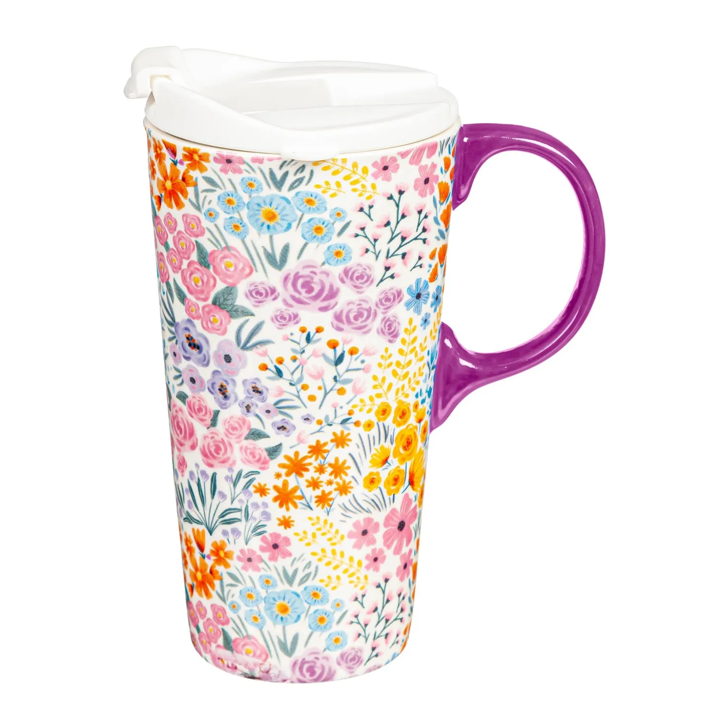 Travel Cups>Plow & Hearth Ceramic Perfect Travel Cup, 17 oz., w/ box, Multicolor Wildflowers