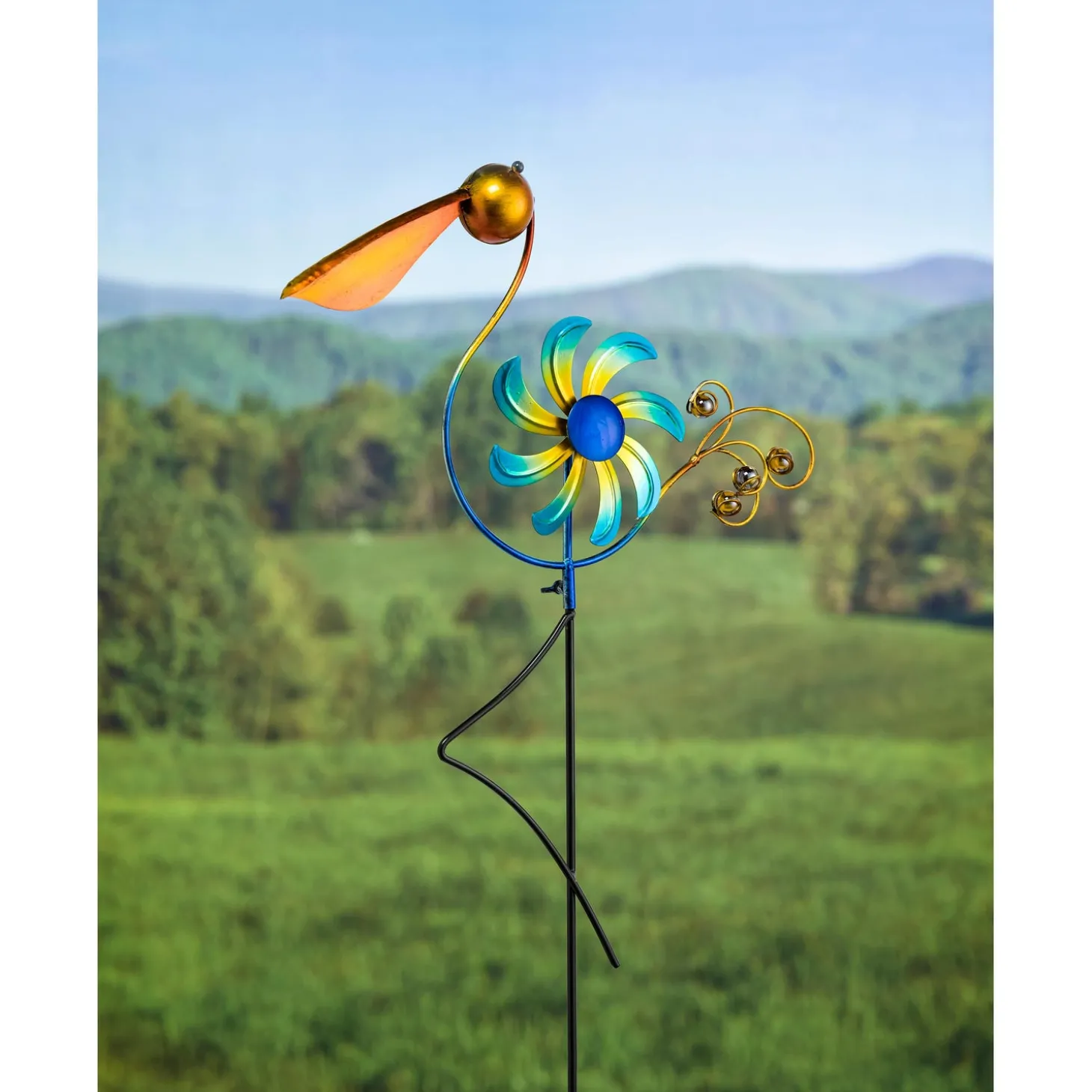 Wind Spinners | Garden Stakes>Plow & Hearth Cheerful Summer Days Windspinner Garden Stake, Yellow/blue Bird, Short