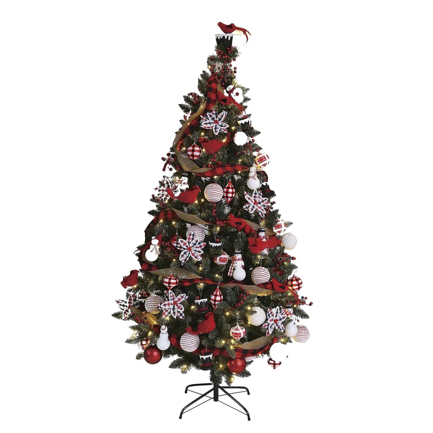 Lighted Trees & Garlands>Plow & Hearth Classic Cardinal Complete Christmas Tree Kit with 250 Lights and 140 Decorations, 7½'H