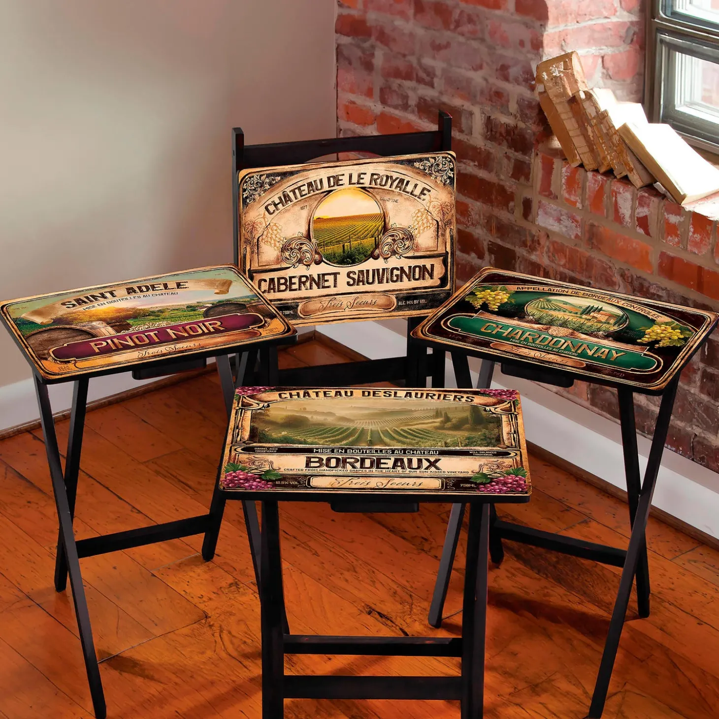 Accent Tables>Plow & Hearth Classic Wine Label Wooden Set of 4 TV Tray Tables with Stand