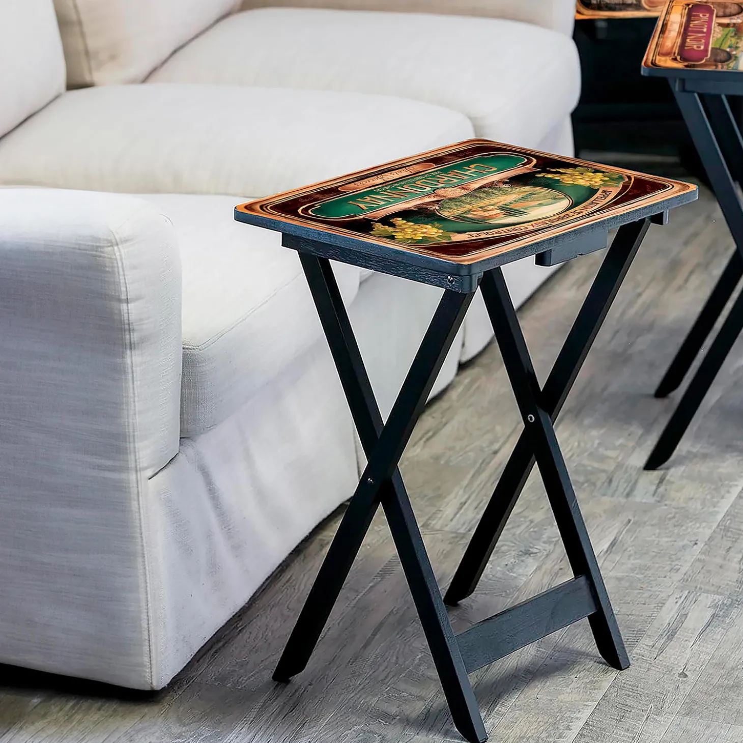 Accent Tables>Plow & Hearth Classic Wine Label Wooden Set of 4 TV Tray Tables with Stand