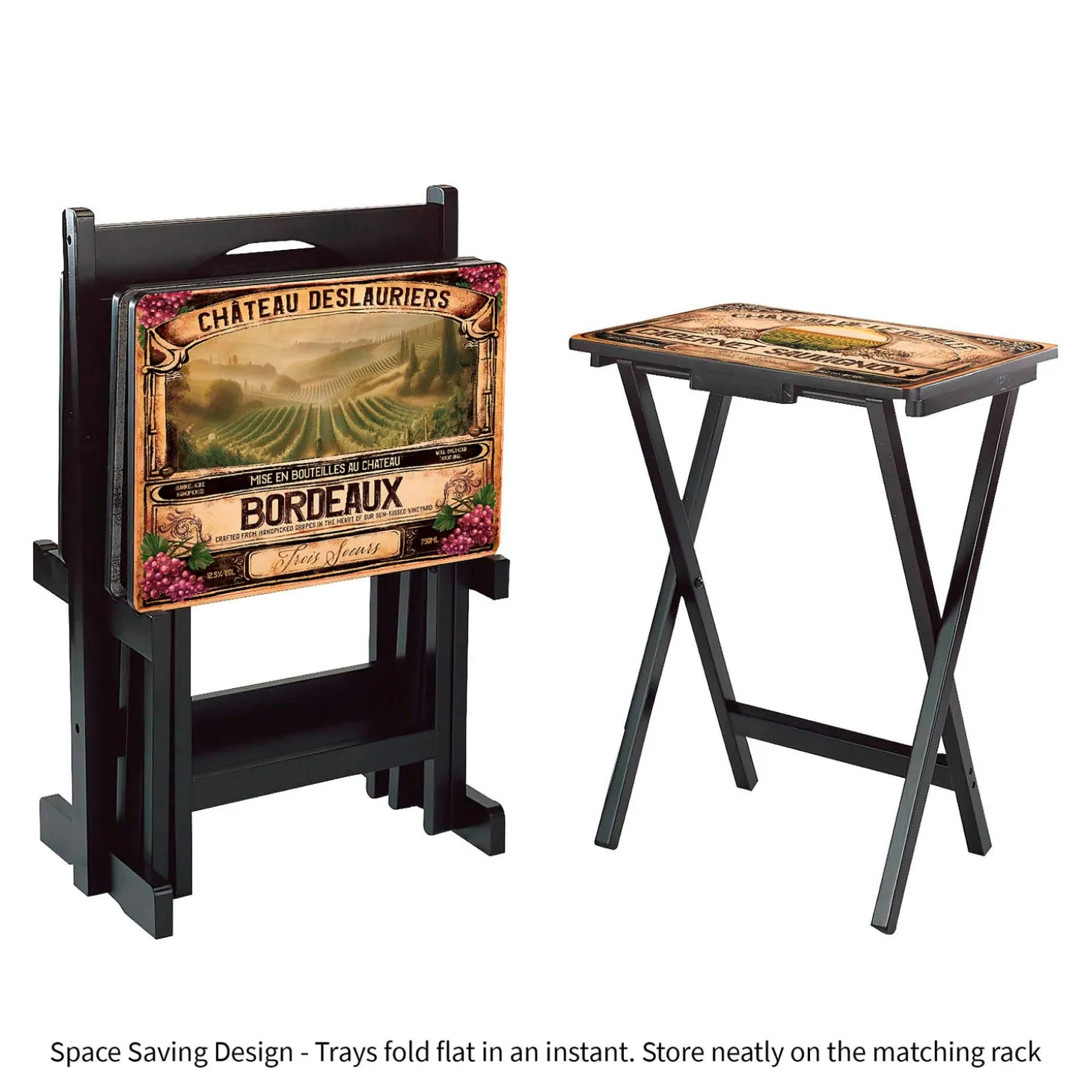 Accent Tables>Plow & Hearth Classic Wine Label Wooden Set of 4 TV Tray Tables with Stand