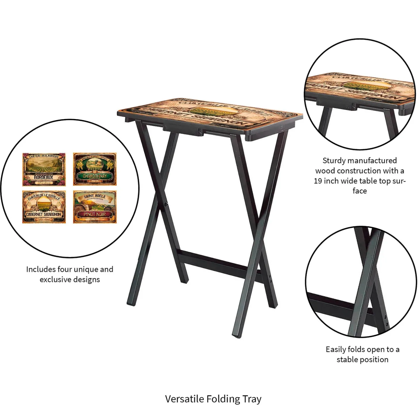 Accent Tables>Plow & Hearth Classic Wine Label Wooden Set of 4 TV Tray Tables with Stand