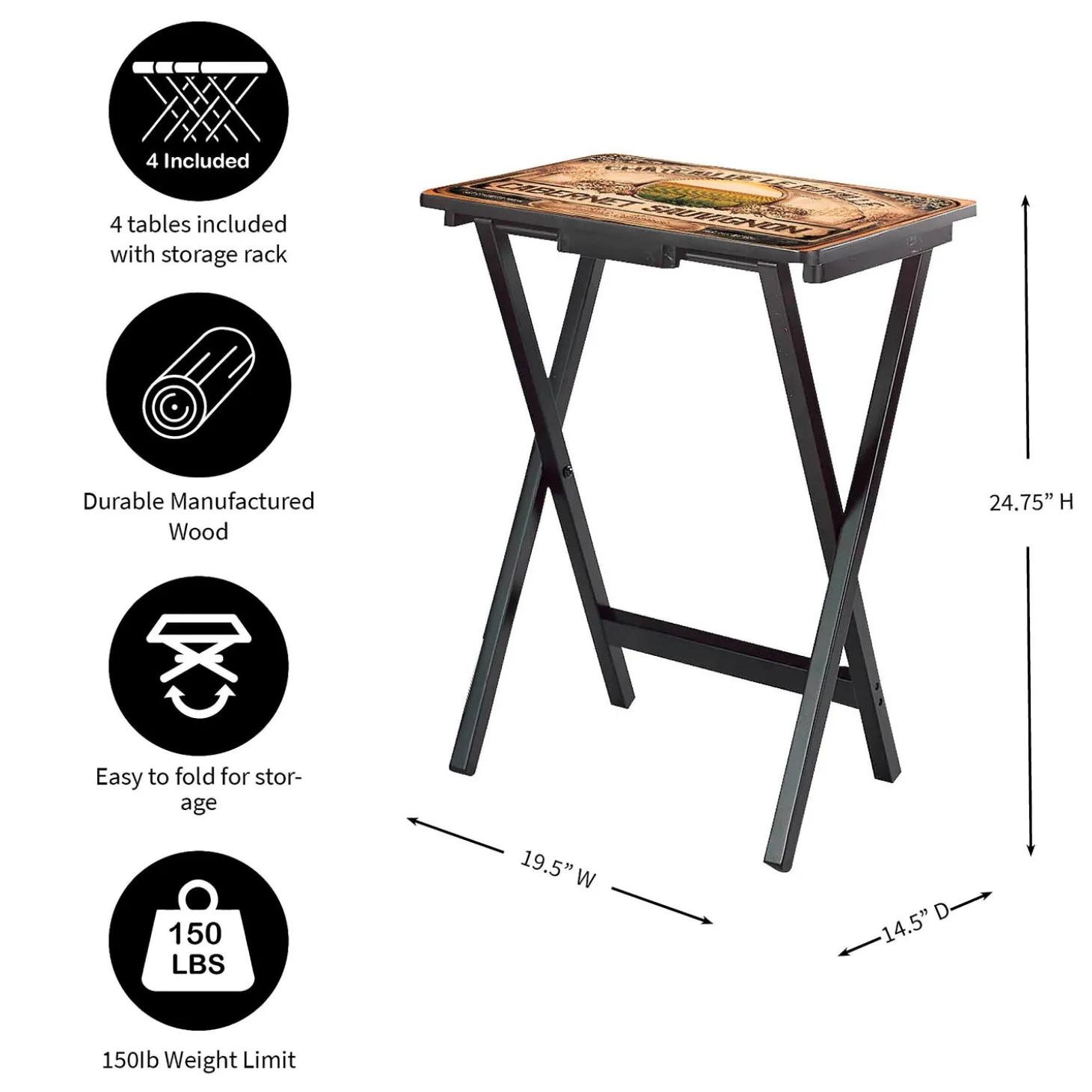 Accent Tables>Plow & Hearth Classic Wine Label Wooden Set of 4 TV Tray Tables with Stand