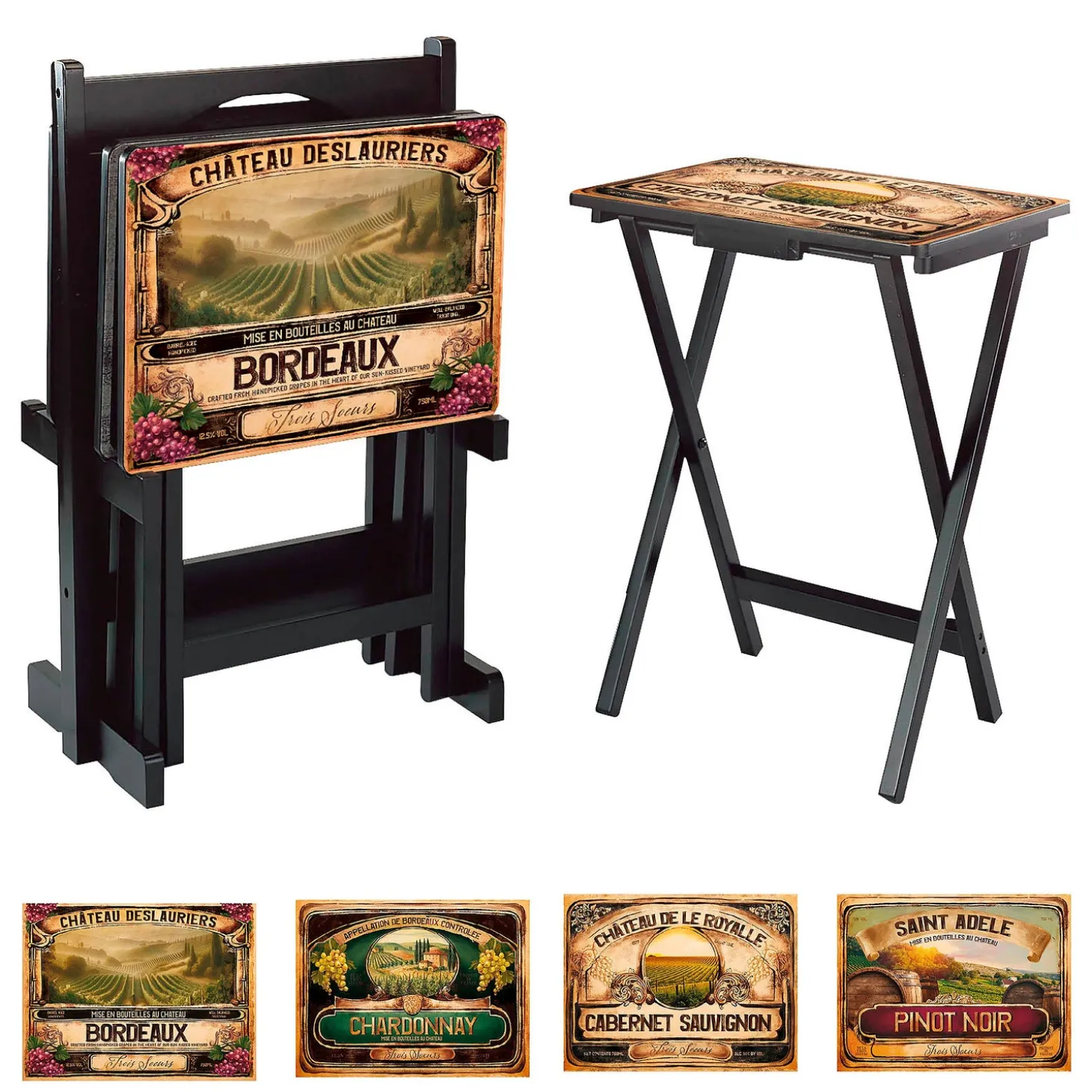 Accent Tables>Plow & Hearth Classic Wine Label Wooden Set of 4 TV Tray Tables with Stand