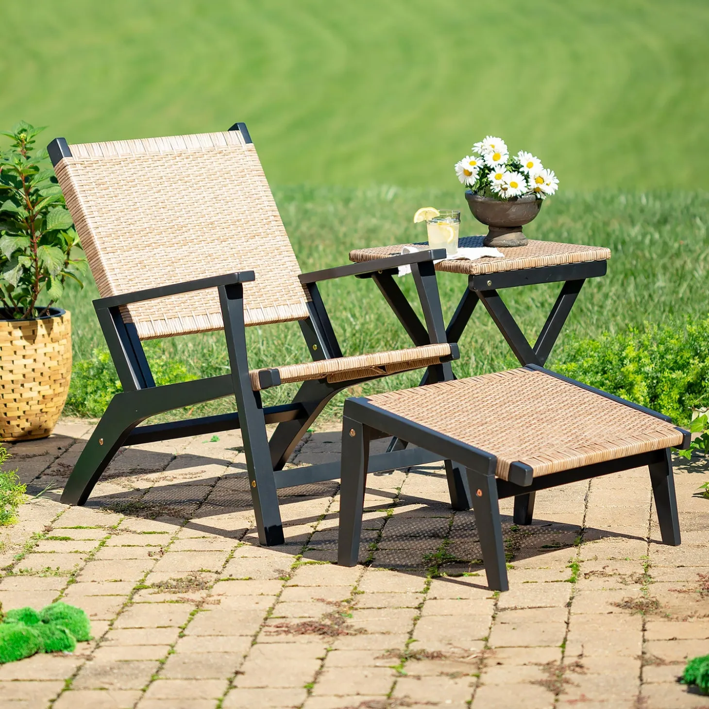 Chairs & Rockers | Rockers & Gliders>Plow & Hearth Claytor Eucalyptus Outdoor Furniture, Chair and Ottoman, 2-Piece Set Black
