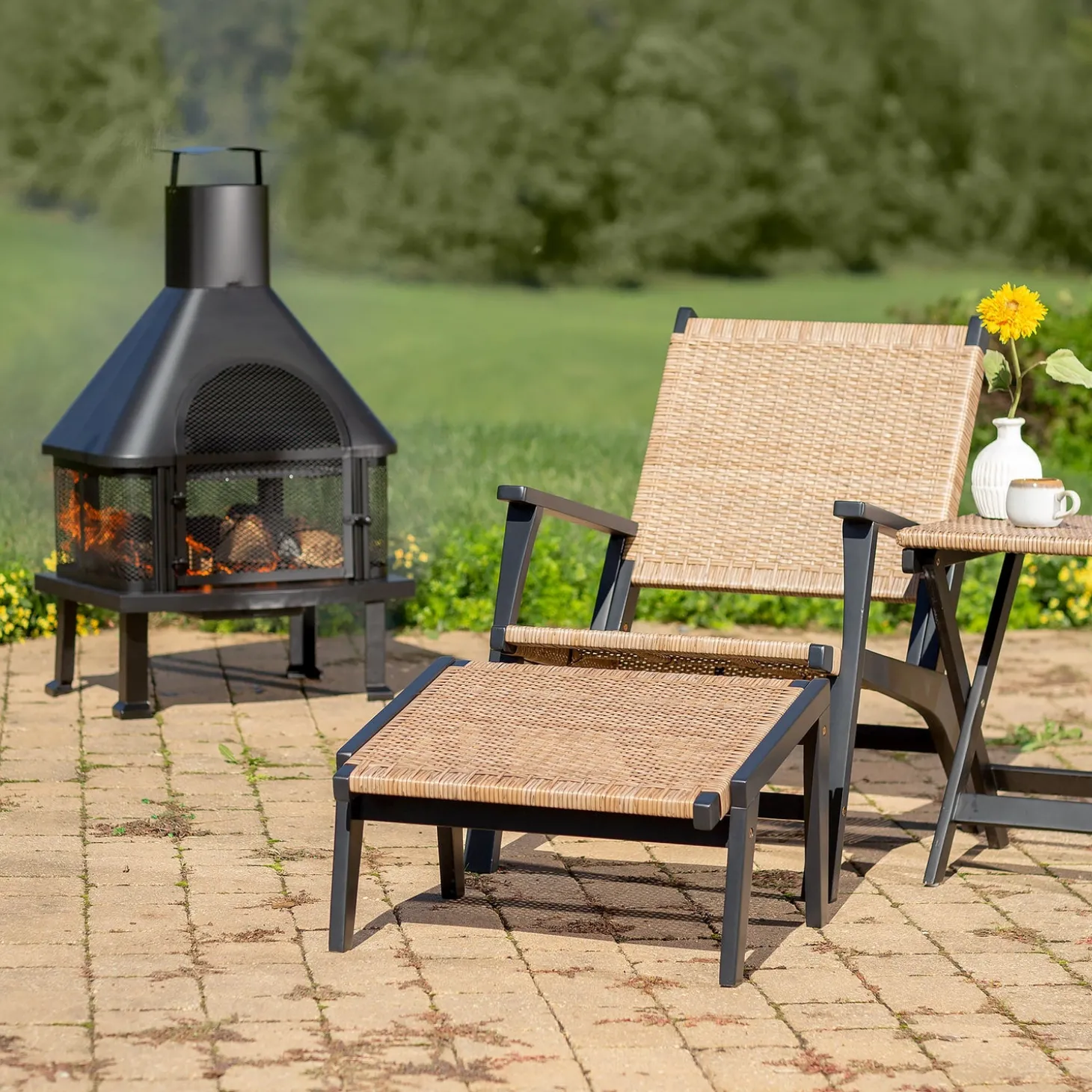 Chairs & Rockers | Rockers & Gliders>Plow & Hearth Claytor Eucalyptus Outdoor Furniture, Chair and Ottoman, 2-Piece Set Black