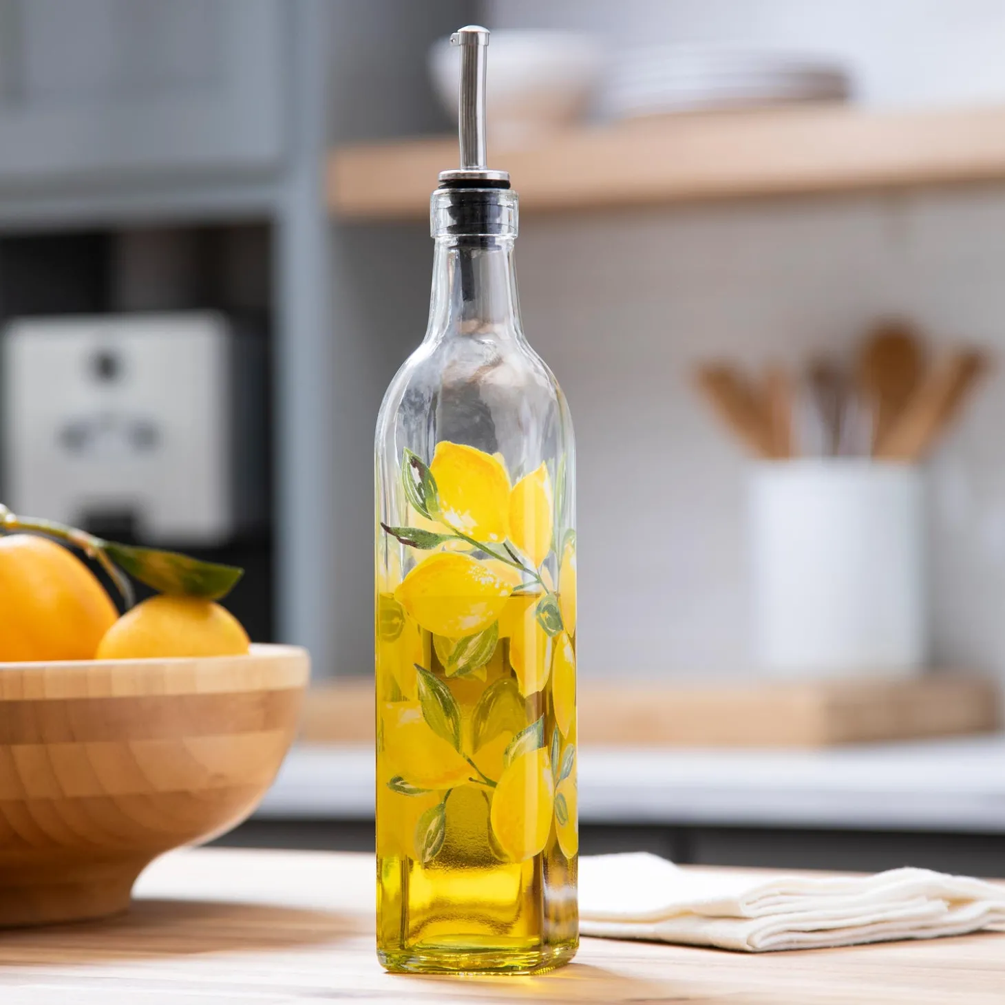 Serveware>Plow & Hearth Coastal Citrus Glass Oil Bottle with Ceramic Dip Dish Set