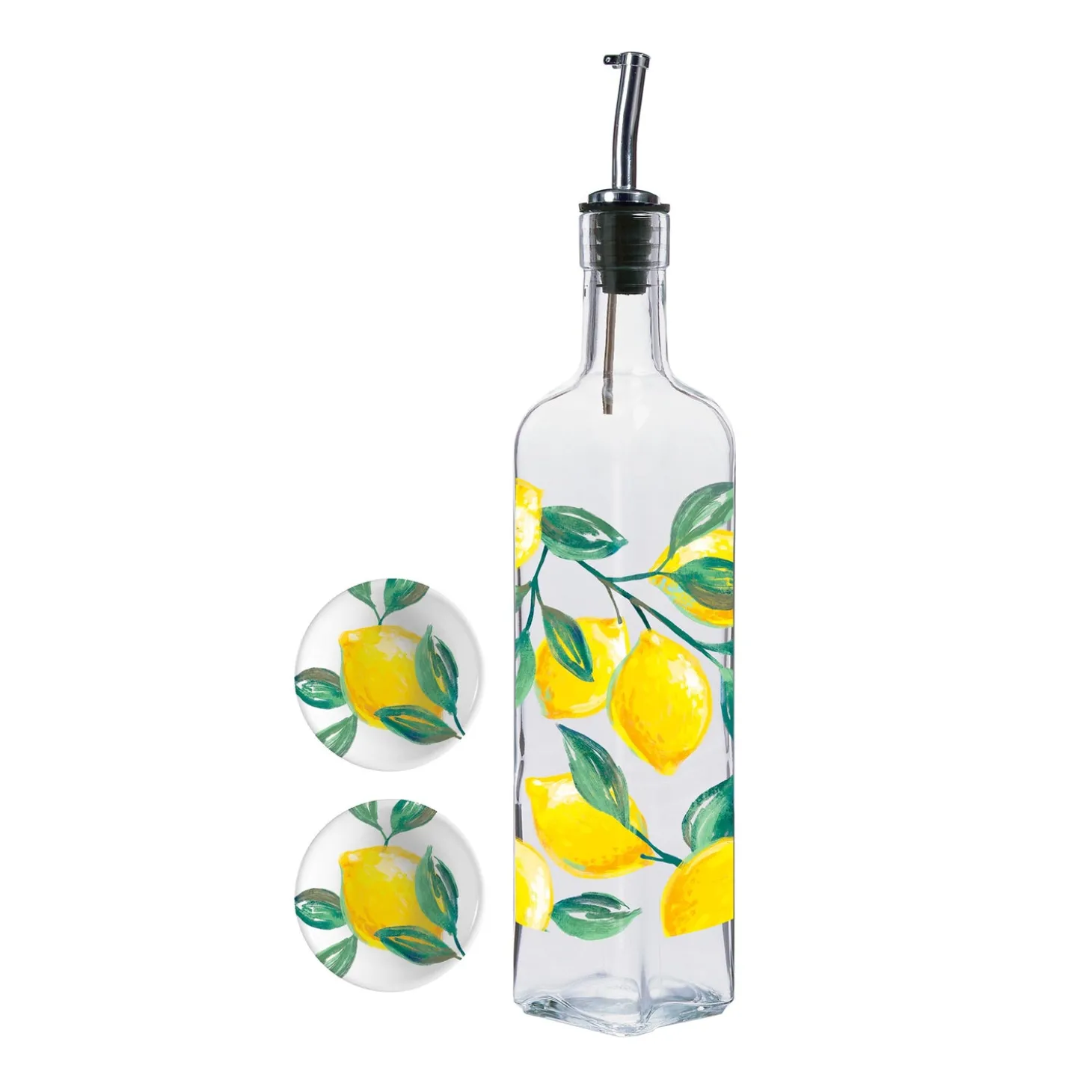 Serveware>Plow & Hearth Coastal Citrus Glass Oil Bottle with Ceramic Dip Dish Set