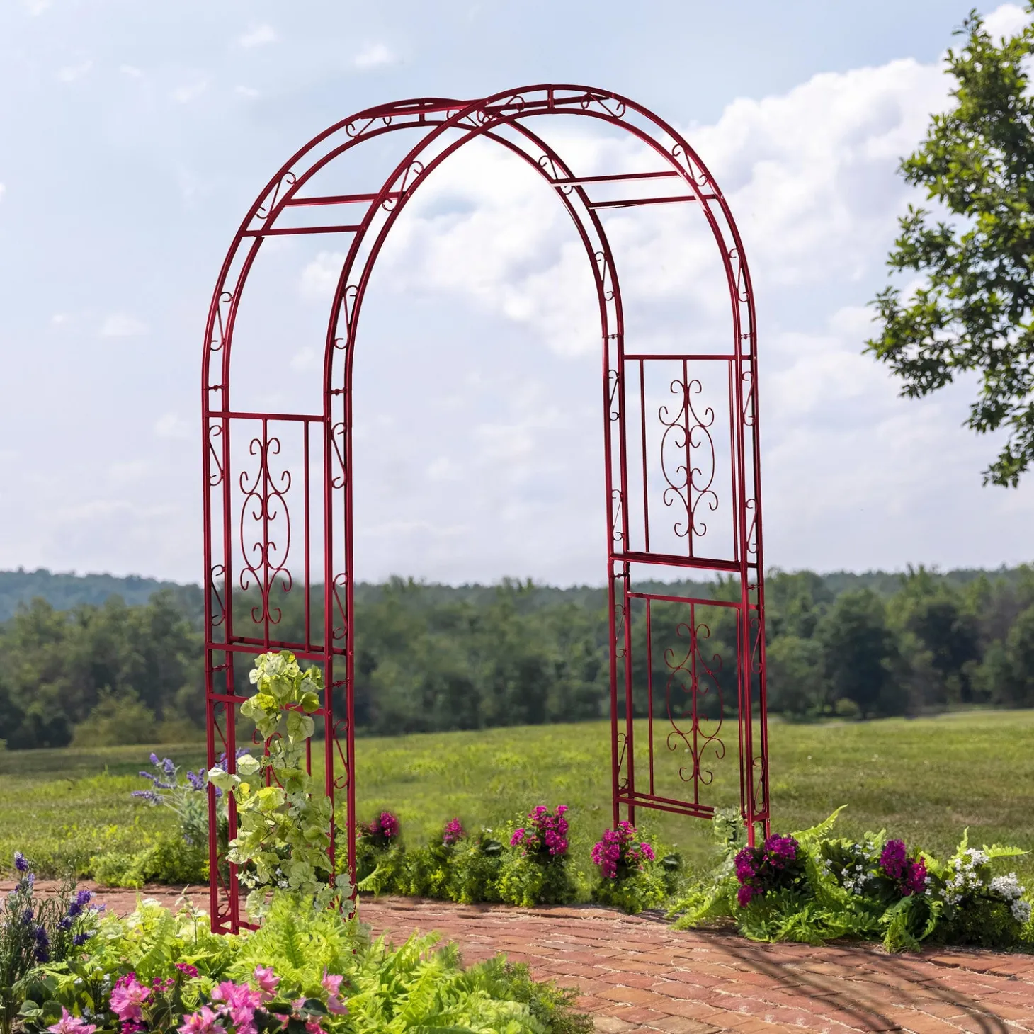 Arbors & Trellises>Plow & Hearth Colored Montebello Scrollwork Metal Garden Arbor, Americana Red