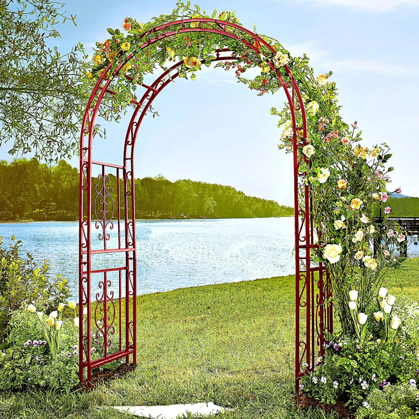 Arbors & Trellises>Plow & Hearth Colored Montebello Scrollwork Metal Garden Arbor, Americana Red