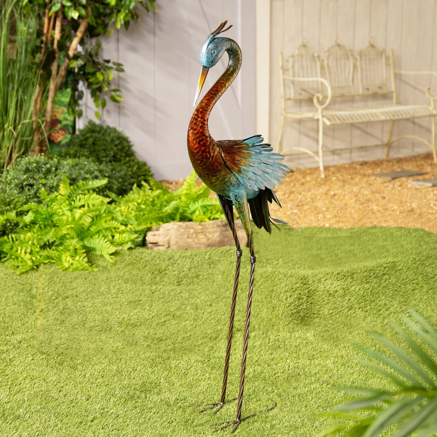 Garden Statues>Plow & Hearth Colorful Crane Metal Garden Statue