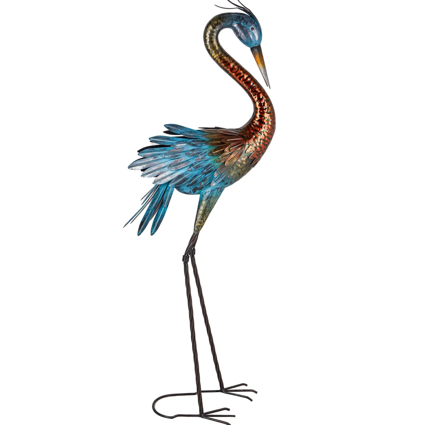 Garden Statues>Plow & Hearth Colorful Crane Metal Garden Statue