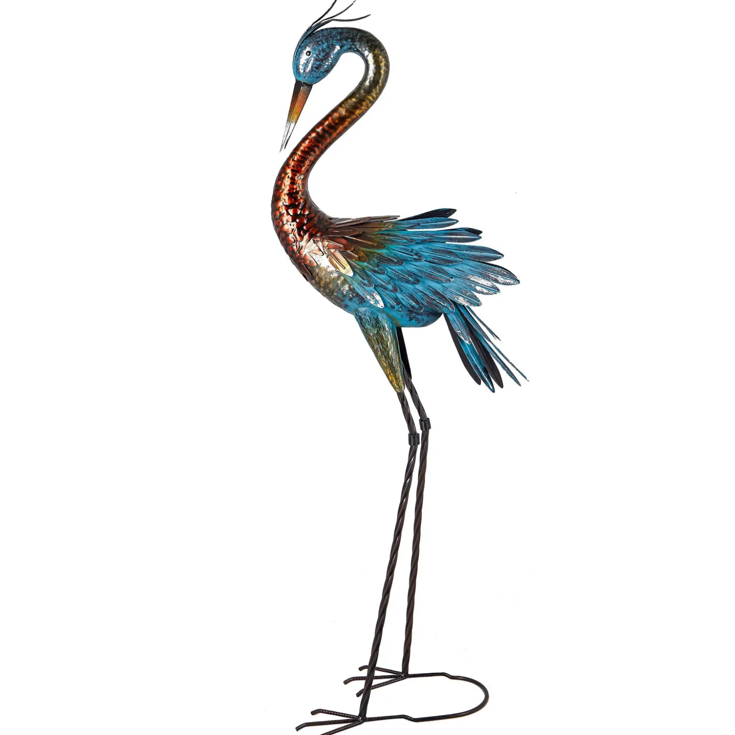 Garden Statues>Plow & Hearth Colorful Crane Metal Garden Statue