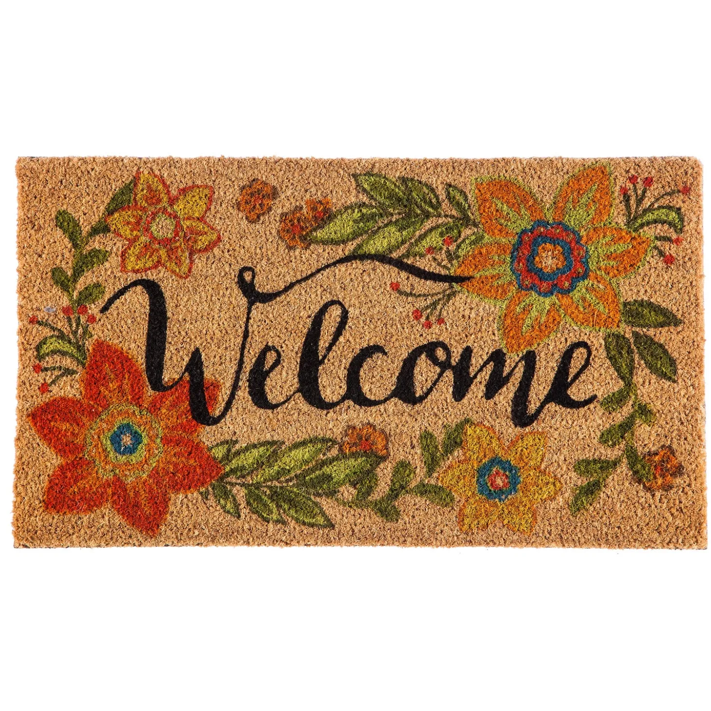 Coir Mats>Plow & Hearth Colorful Floral Welcome Coir Mat