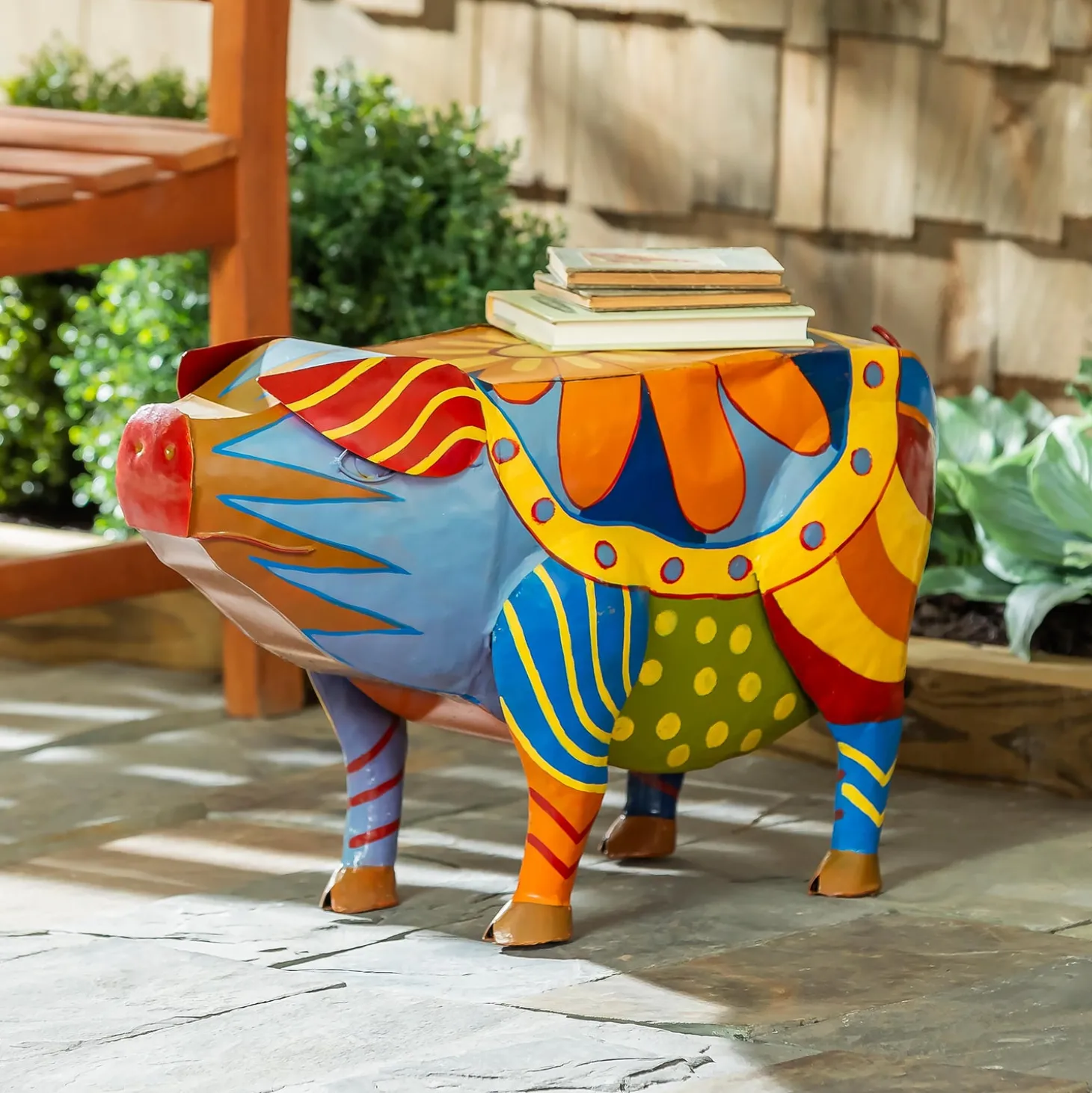 Accent Tables | Outdoor Side Tables>Plow & Hearth Colorful Folk Art Pig Side Table