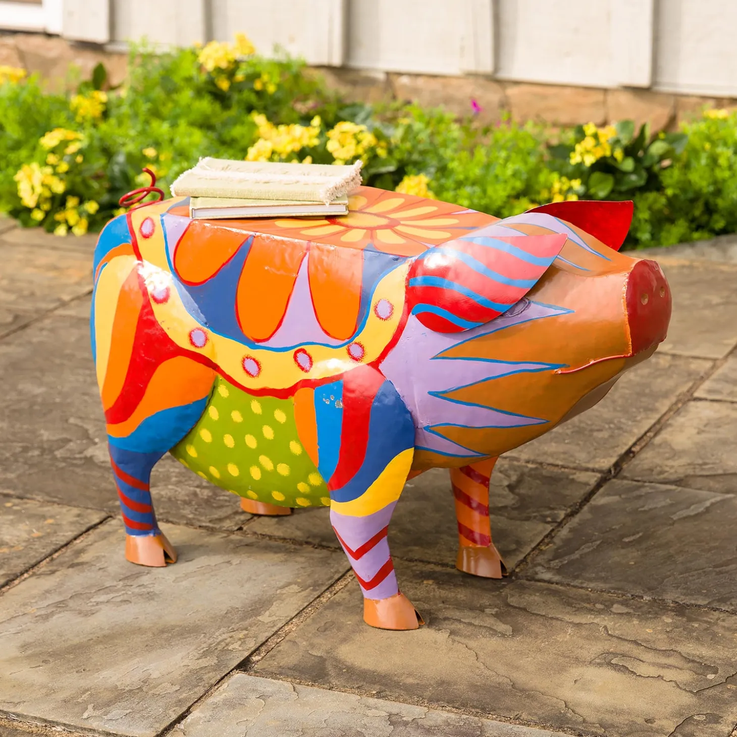 Accent Tables | Outdoor Side Tables>Plow & Hearth Colorful Folk Art Pig Side Table